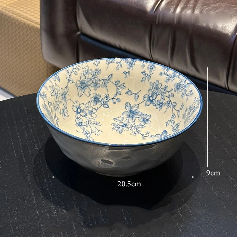 Elegant Vintage Blue Floral Bowl & Plate Set