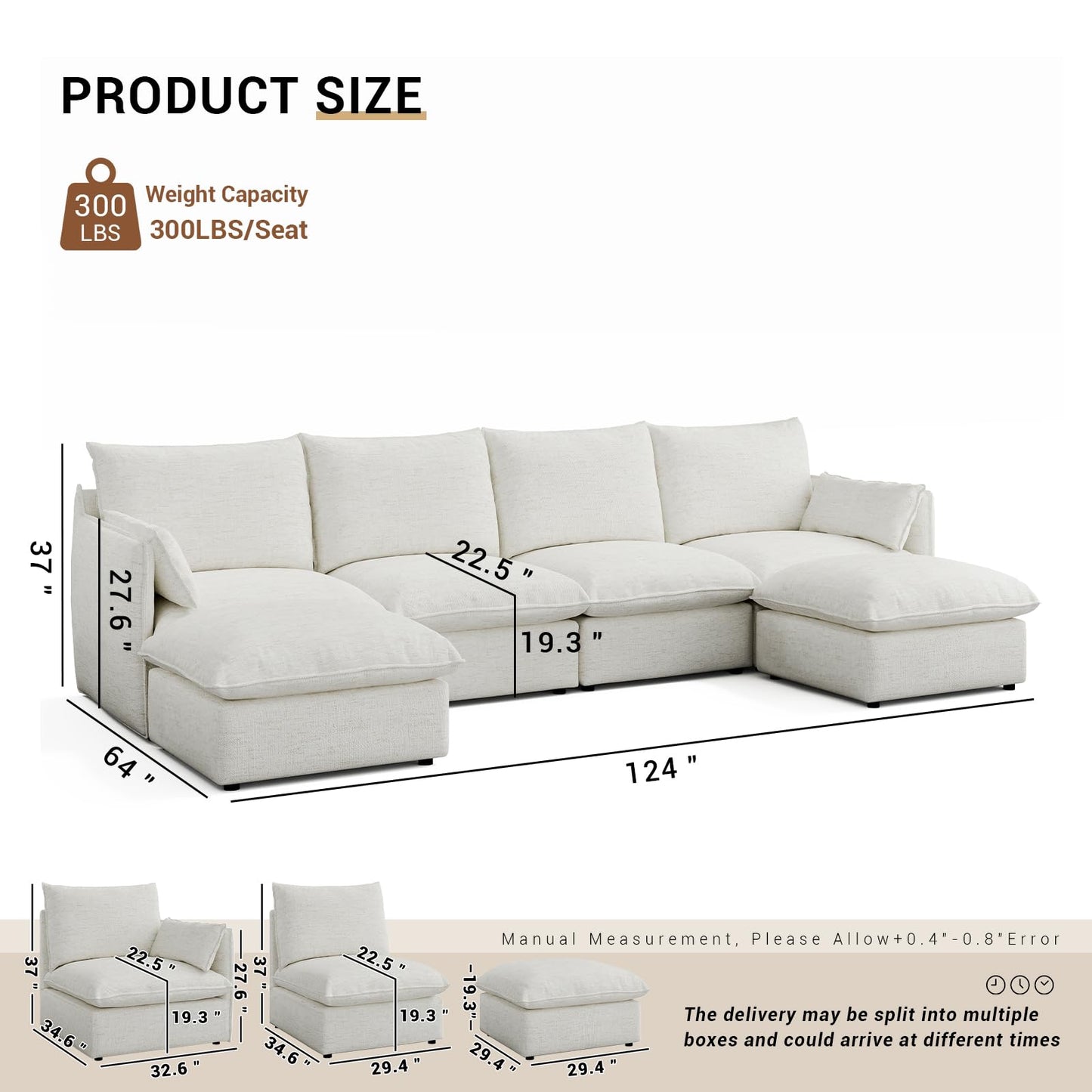 94.6" Small Cloud Couch, Linen Cloud Sectional Couches for Living Room, Convertible Down Filled Modular Sectional Sofa with Deep Seats & High-Back, Removable Washable Sofa Covers, Spill-Proof Fabric