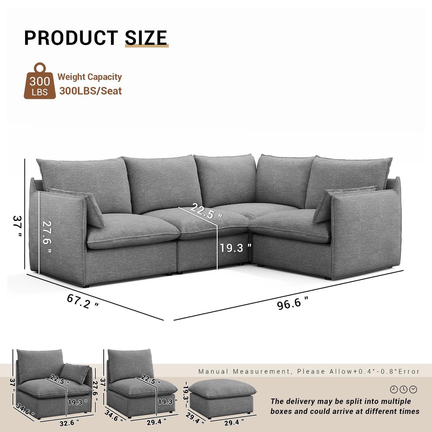 94.6" Small Cloud Couch, Linen Cloud Sectional Couches for Living Room, Convertible Down Filled Modular Sectional Sofa with Deep Seats & High-Back, Removable Washable Sofa Covers, Spill-Proof Fabric