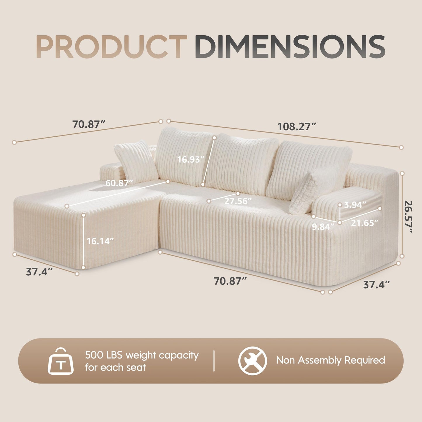 Hobestluk 96” Modular Sectional Sofa Couches L-Shape Couch 3 Seat Modular Sofa Memory Foam Sectional Couches for Living Room, Cloud Couch with Oversized Chaise (Grey, Stripe (Right Facing Chaise))