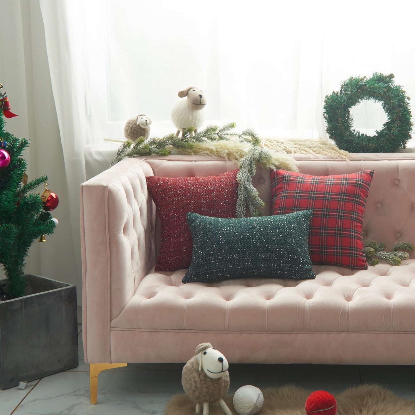 Green Plaid Pillow Covers 20x20 inch Set of 2 Knitting Tartan Pillow Cases Winter Xmas Farmhouse Cushion Covers for Sofa Bed