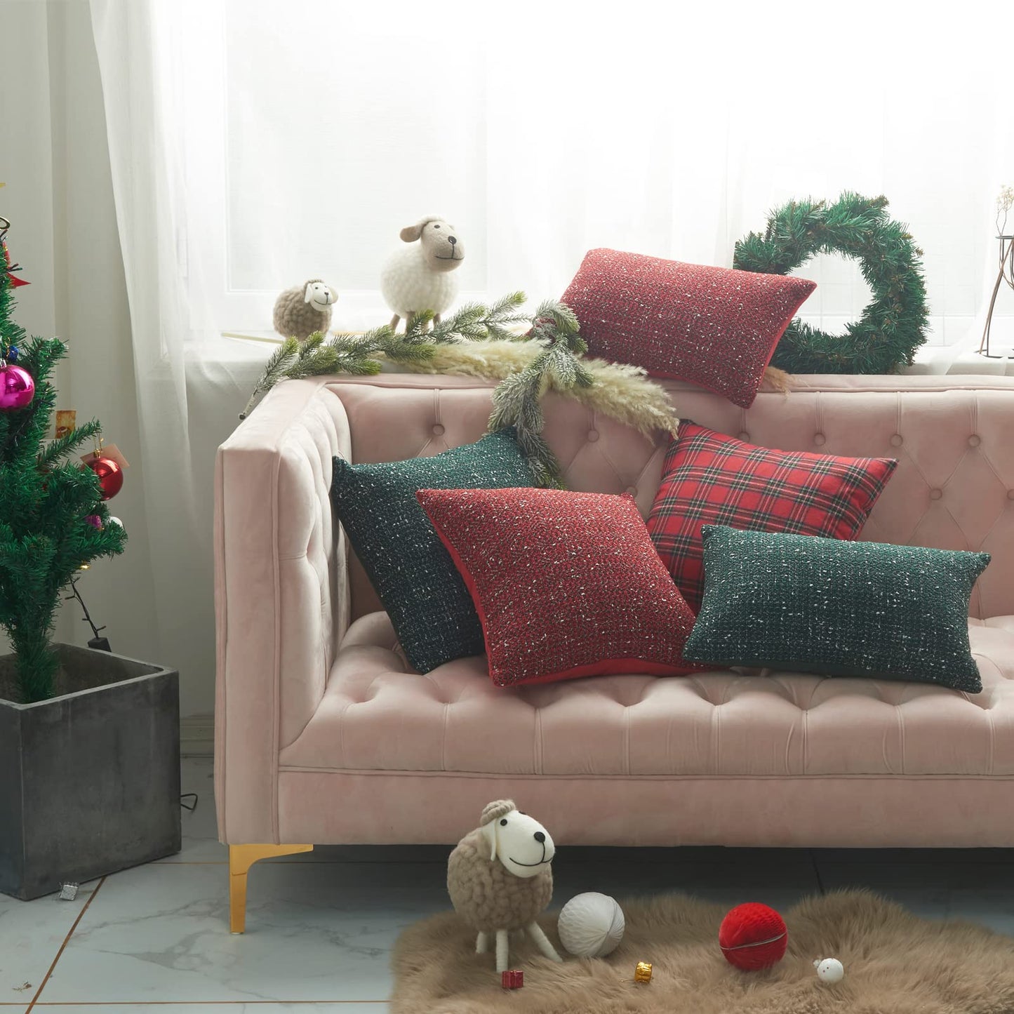 Green Plaid Pillow Covers 20x20 inch Set of 2 Knitting Tartan Pillow Cases Winter Xmas Farmhouse Cushion Covers for Sofa Bed