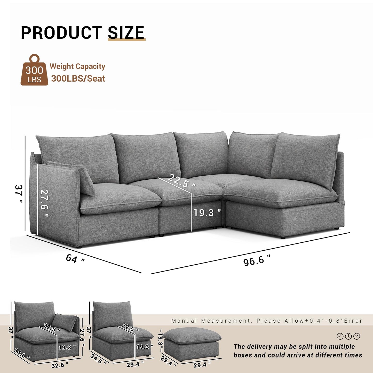 94.6" Small Cloud Couch, Linen Cloud Sectional Couches for Living Room, Convertible Down Filled Modular Sectional Sofa with Deep Seats & High-Back, Removable Washable Sofa Covers, Spill-Proof Fabric