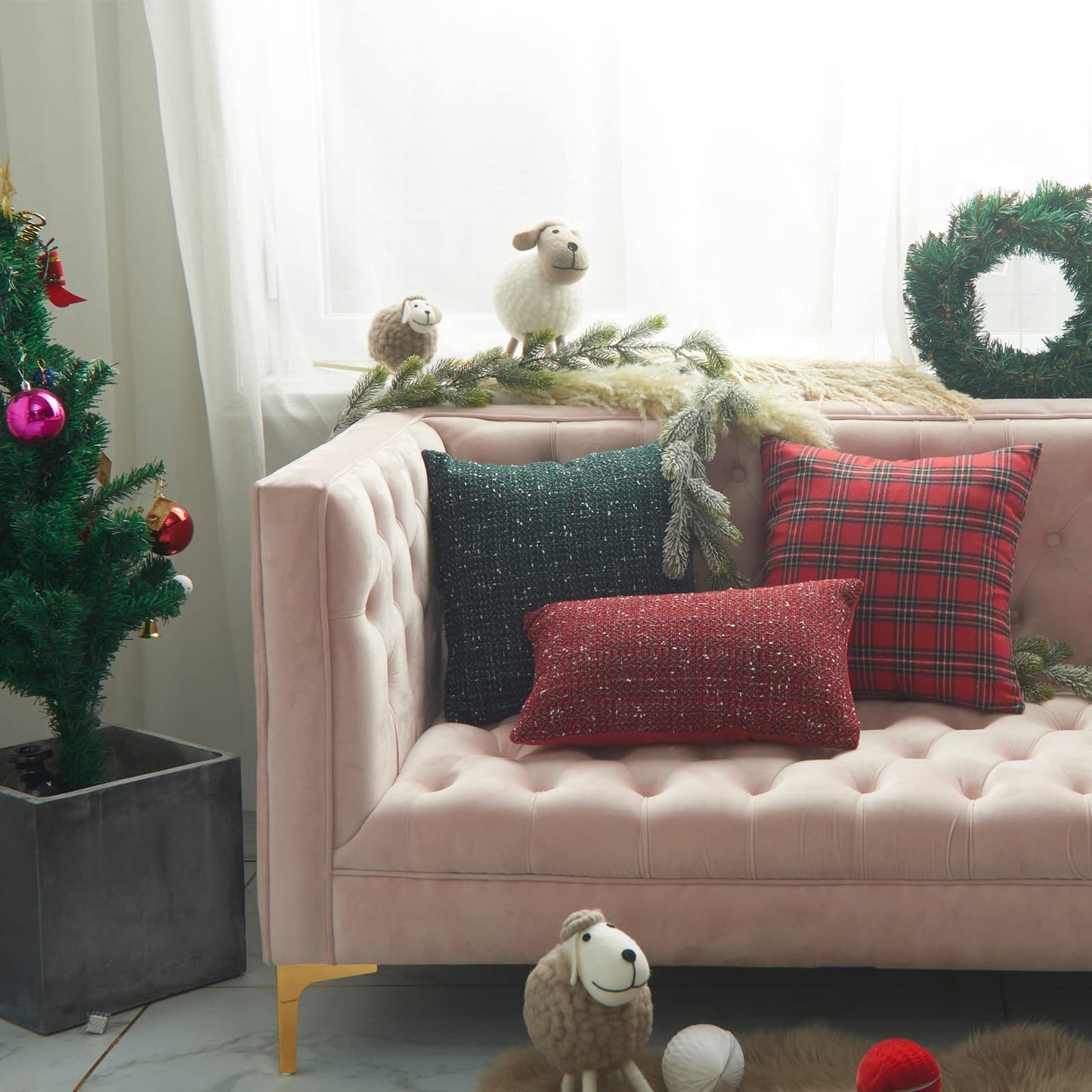 Green Plaid Pillow Covers 20x20 inch Set of 2 Knitting Tartan Pillow Cases Winter Xmas Farmhouse Cushion Covers for Sofa Bed