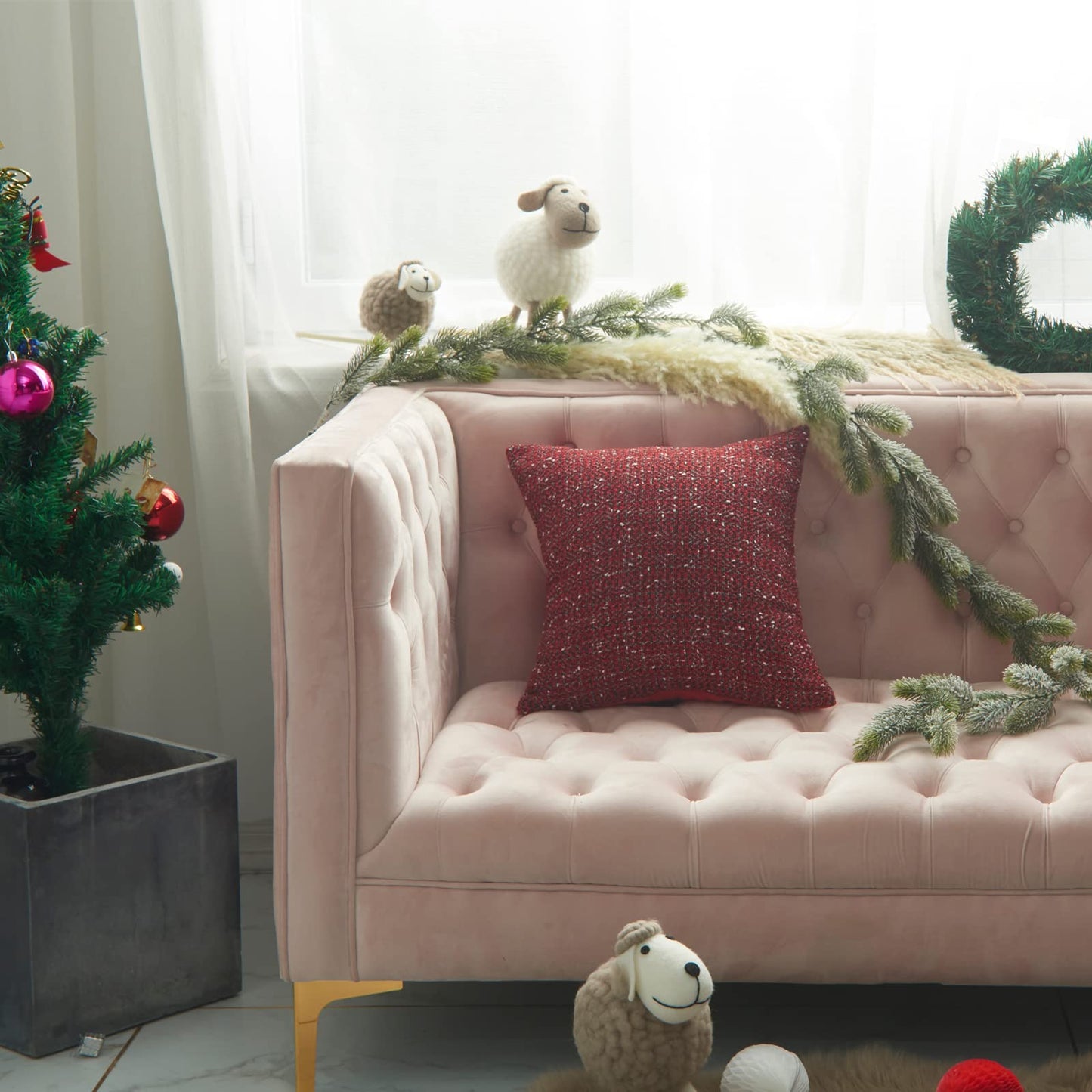 Green Plaid Pillow Covers 20x20 inch Set of 2 Knitting Tartan Pillow Cases Winter Xmas Farmhouse Cushion Covers for Sofa Bed