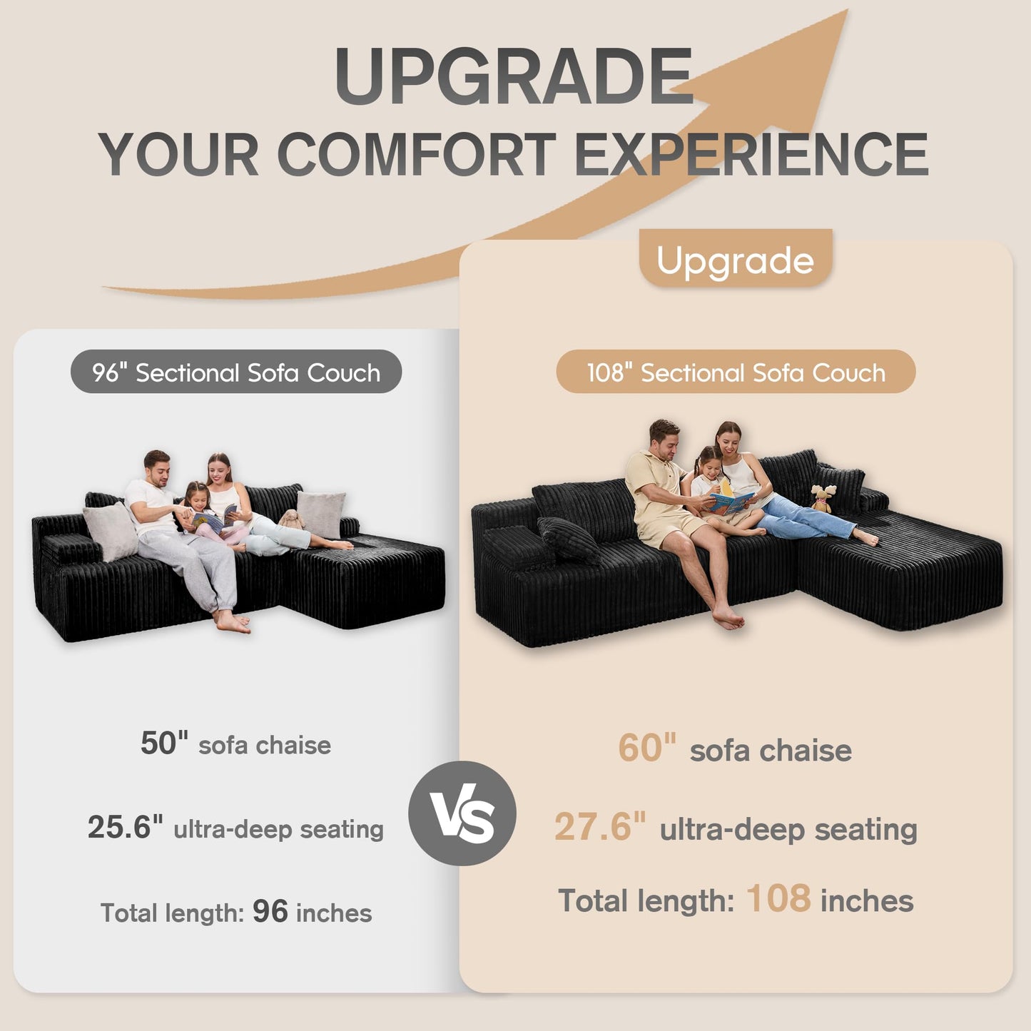 Hobestluk 96” Modular Sectional Sofa Couches L-Shape Couch 3 Seat Modular Sofa Memory Foam Sectional Couches for Living Room, Cloud Couch with Oversized Chaise (Grey, Stripe (Right Facing Chaise))