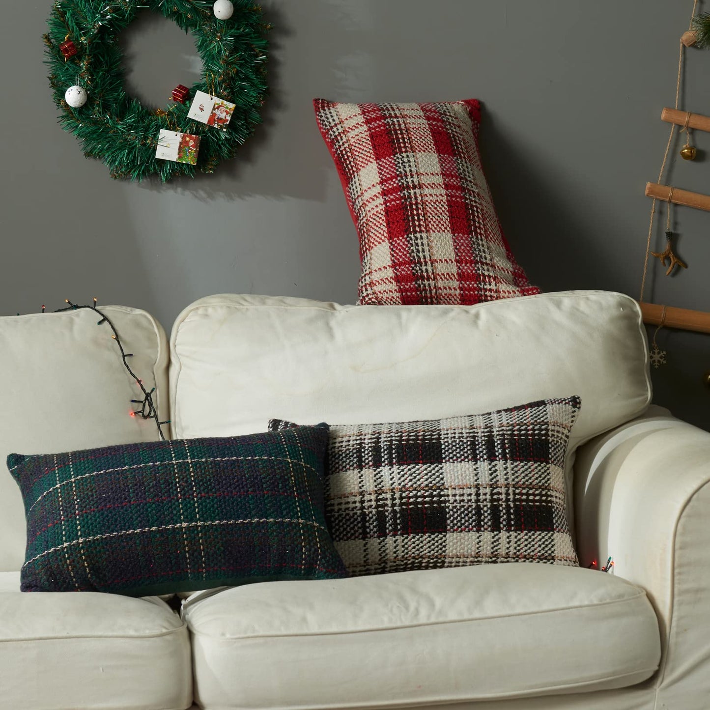 Green Plaid Pillow Covers 20x20 inch Set of 2 Knitting Tartan Pillow Cases Winter Xmas Farmhouse Cushion Covers for Sofa Bed
