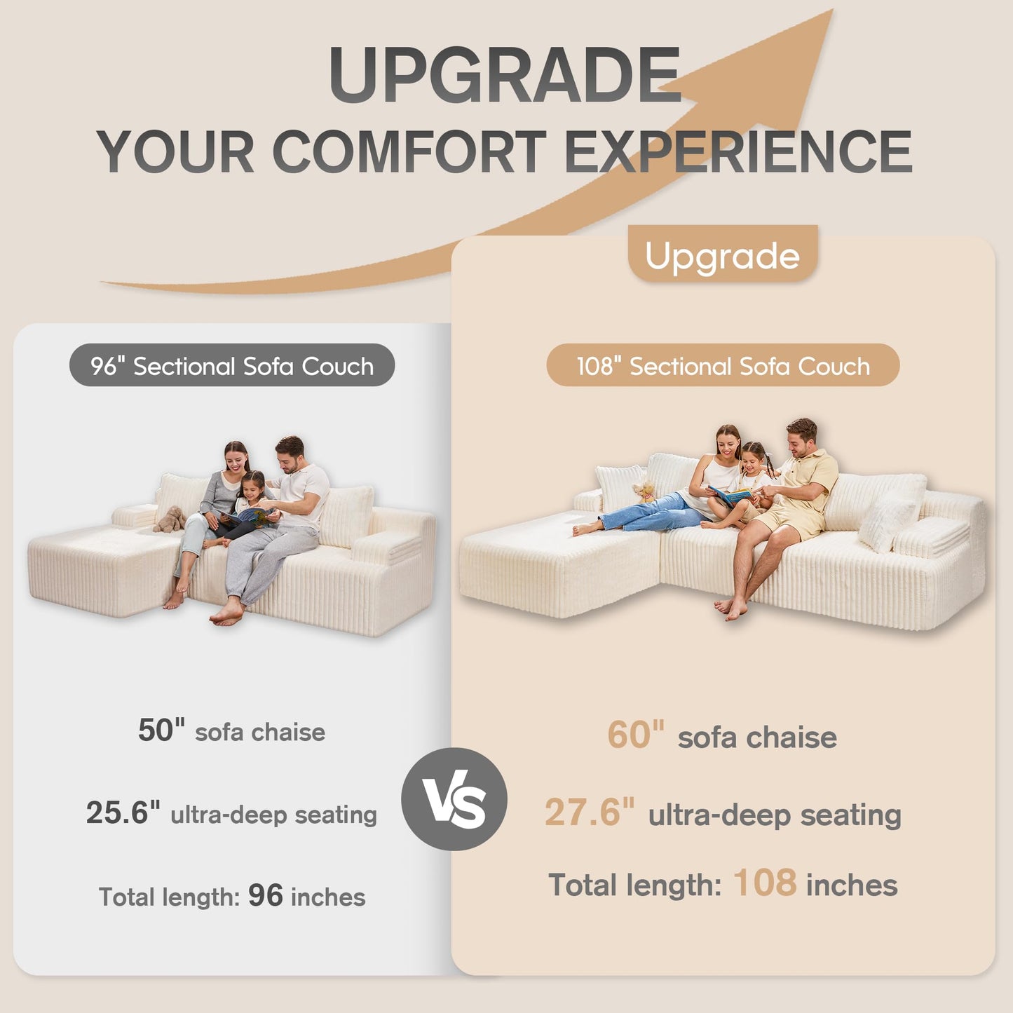 Hobestluk 96” Modular Sectional Sofa Couches L-Shape Couch 3 Seat Modular Sofa Memory Foam Sectional Couches for Living Room, Cloud Couch with Oversized Chaise (Grey, Stripe (Right Facing Chaise))