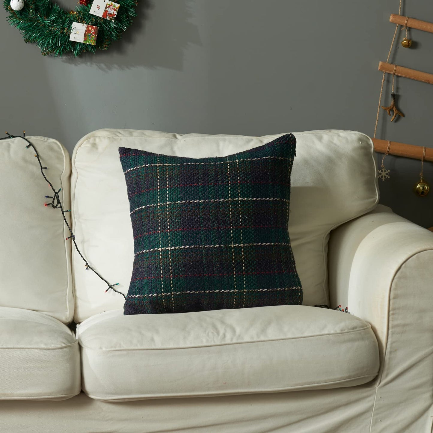 Green Plaid Pillow Covers 20x20 inch Set of 2 Knitting Tartan Pillow Cases Winter Xmas Farmhouse Cushion Covers for Sofa Bed