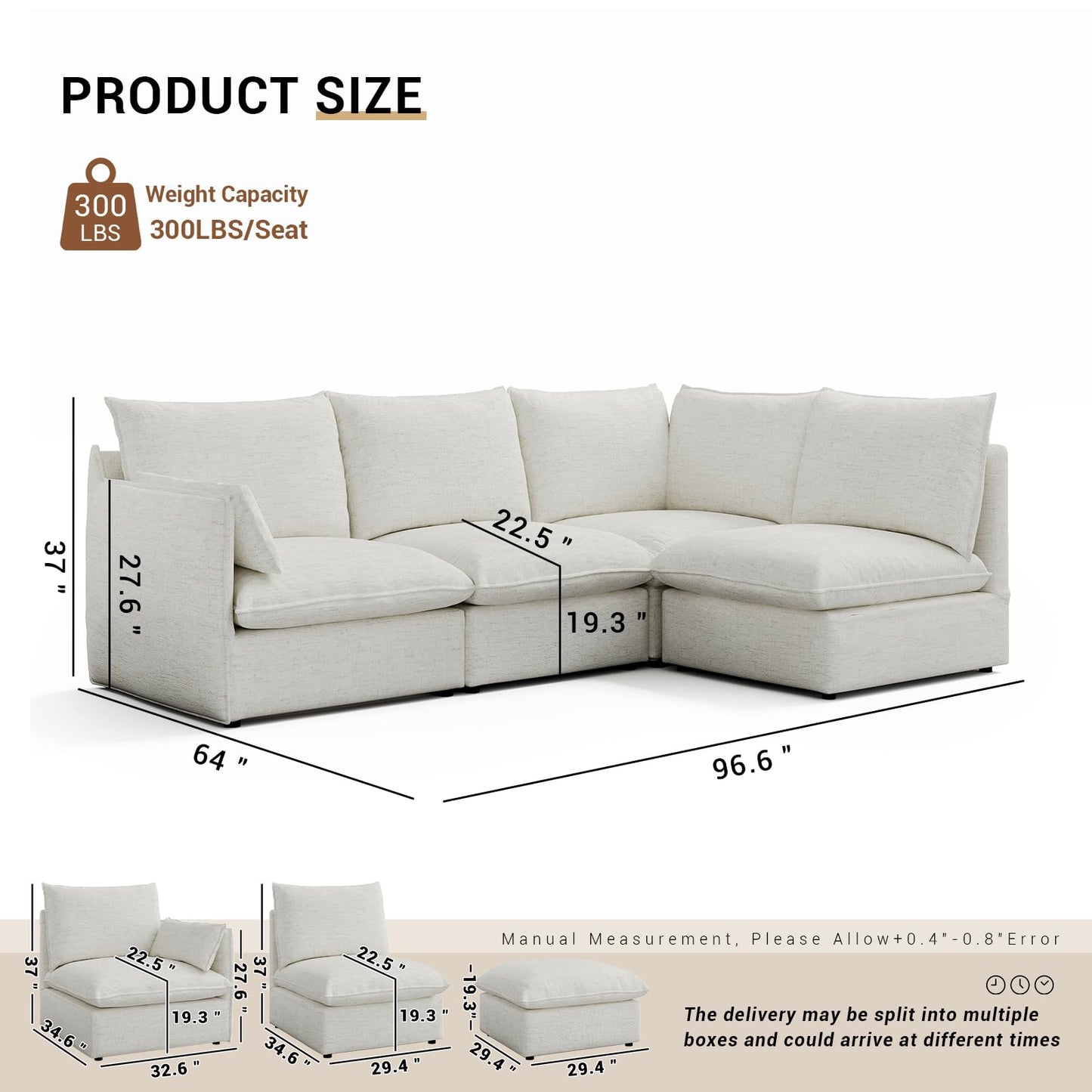 94.6" Small Cloud Couch, Linen Cloud Sectional Couches for Living Room, Convertible Down Filled Modular Sectional Sofa with Deep Seats & High-Back, Removable Washable Sofa Covers, Spill-Proof Fabric