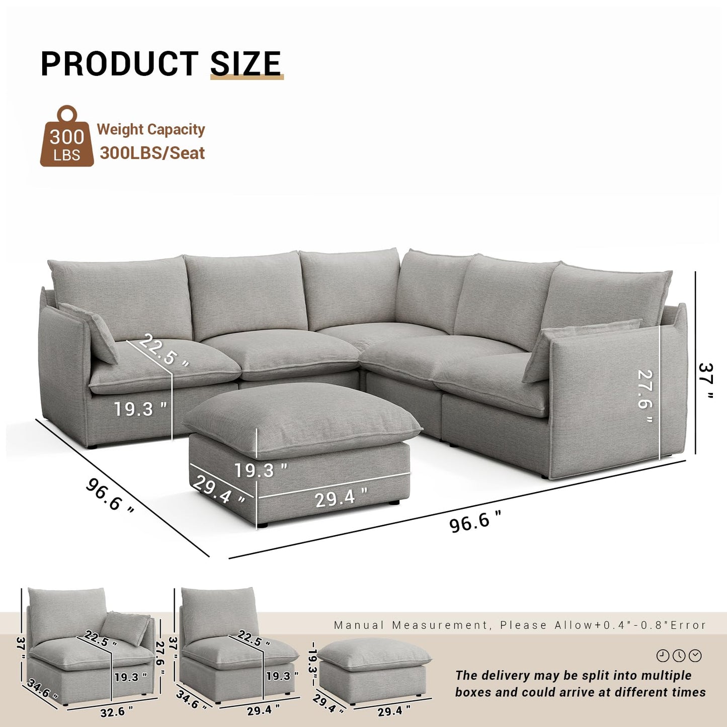 94.6" Small Cloud Couch, Linen Cloud Sectional Couches for Living Room, Convertible Down Filled Modular Sectional Sofa with Deep Seats & High-Back, Removable Washable Sofa Covers, Spill-Proof Fabric