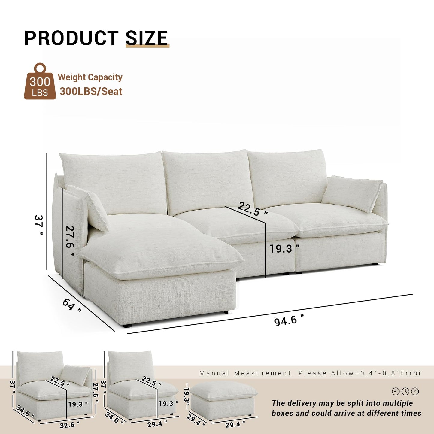 94.6" Small Cloud Couch, Linen Cloud Sectional Couches for Living Room, Convertible Down Filled Modular Sectional Sofa with Deep Seats & High-Back, Removable Washable Sofa Covers, Spill-Proof Fabric