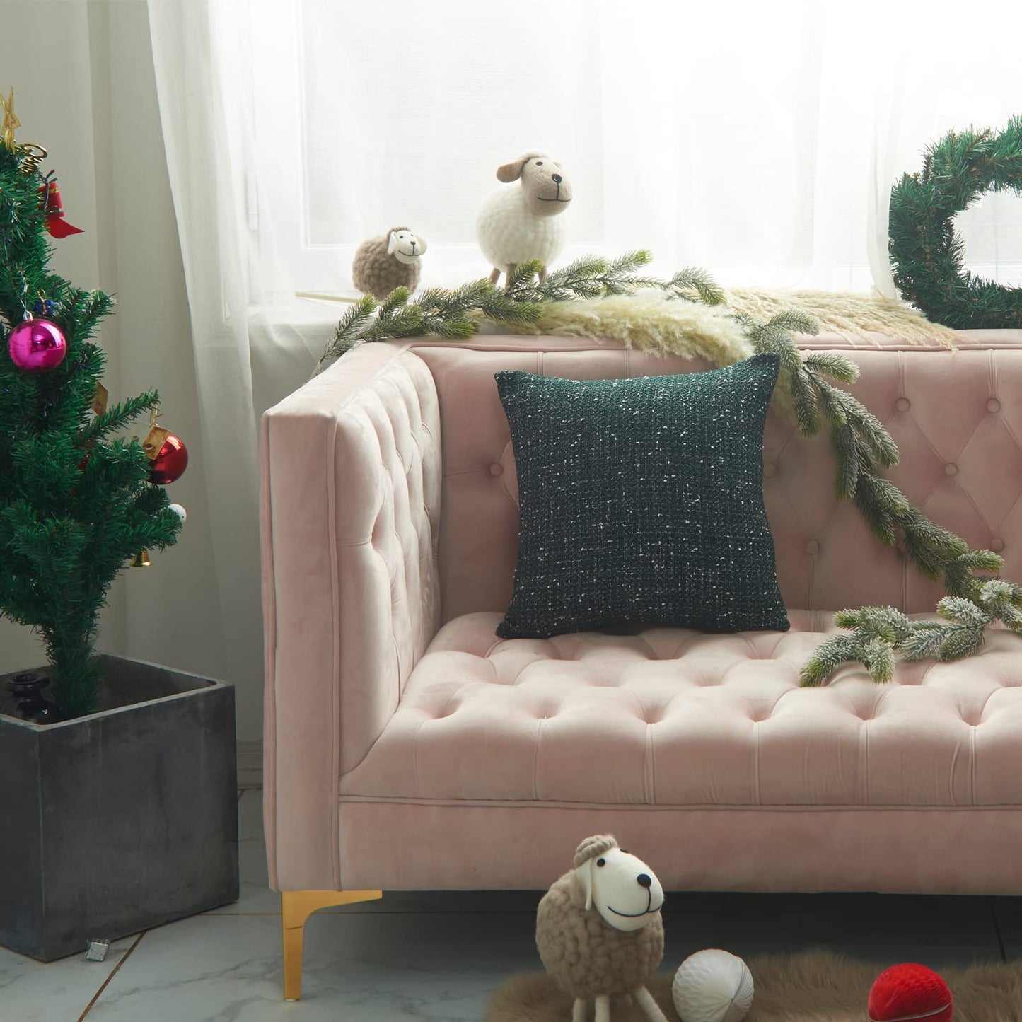 Green Plaid Pillow Covers 20x20 inch Set of 2 Knitting Tartan Pillow Cases Winter Xmas Farmhouse Cushion Covers for Sofa Bed