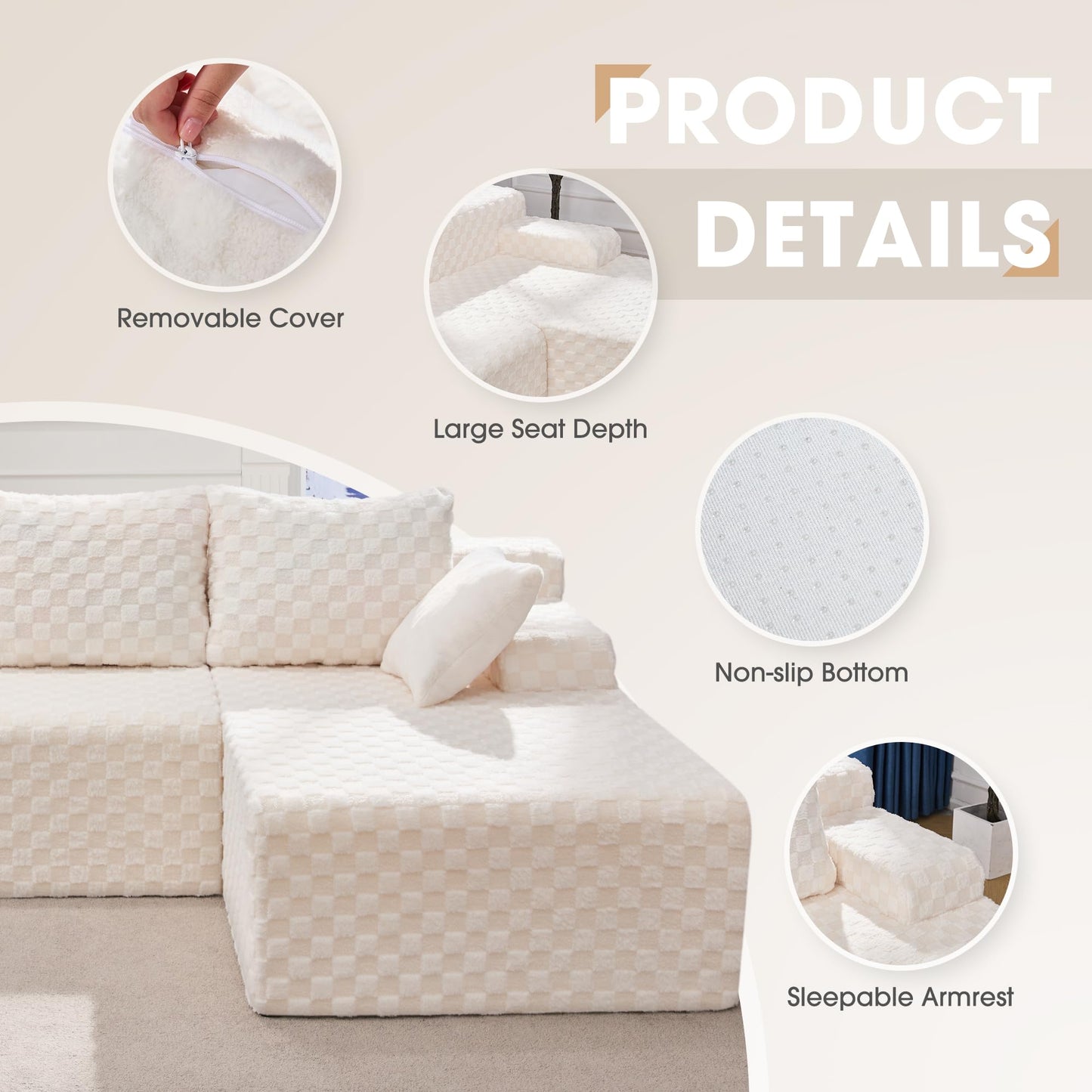 Hobestluk 96” Modular Sectional Sofa Couches L-Shape Couch 3 Seat Modular Sofa Memory Foam Sectional Couches for Living Room, Cloud Couch with Oversized Chaise (Grey, Stripe (Right Facing Chaise))