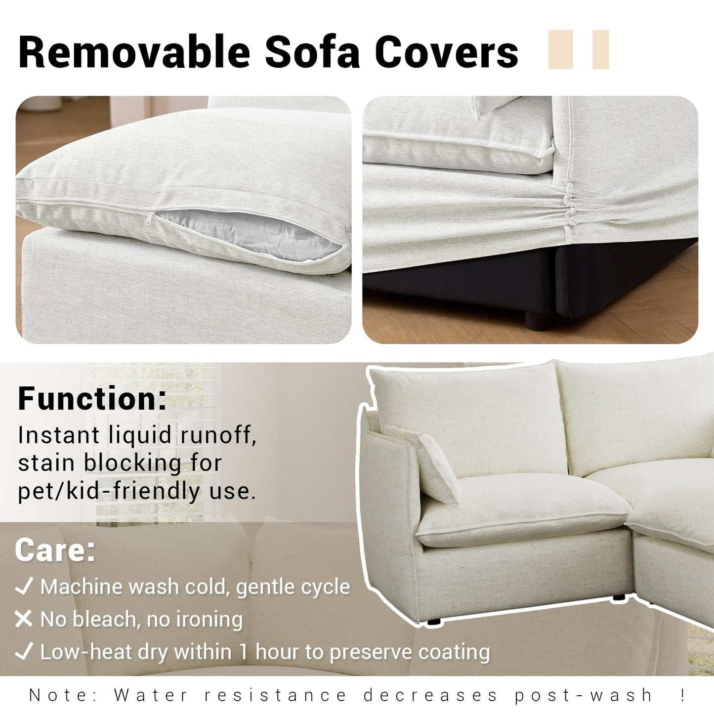 94.6" Small Cloud Couch, Linen Cloud Sectional Couches for Living Room, Convertible Down Filled Modular Sectional Sofa with Deep Seats & High-Back, Removable Washable Sofa Covers, Spill-Proof Fabric