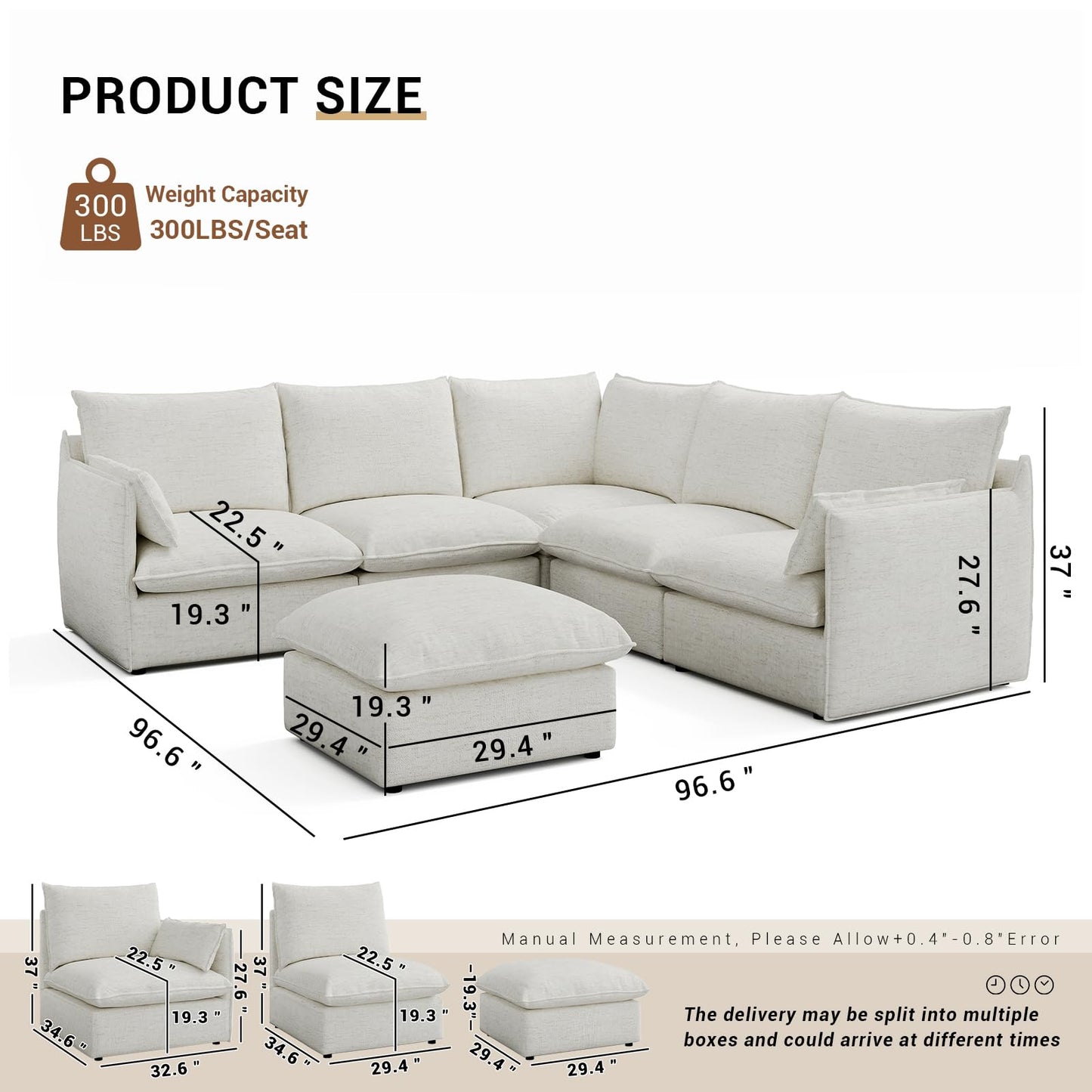 94.6" Small Cloud Couch, Linen Cloud Sectional Couches for Living Room, Convertible Down Filled Modular Sectional Sofa with Deep Seats & High-Back, Removable Washable Sofa Covers, Spill-Proof Fabric