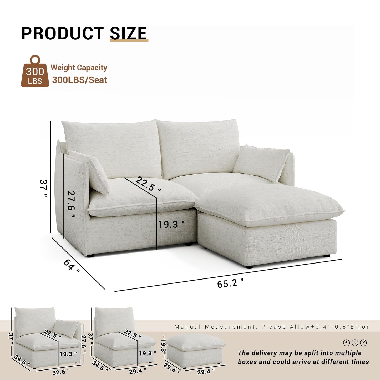 94.6" Small Cloud Couch, Linen Cloud Sectional Couches for Living Room, Convertible Down Filled Modular Sectional Sofa with Deep Seats & High-Back, Removable Washable Sofa Covers, Spill-Proof Fabric
