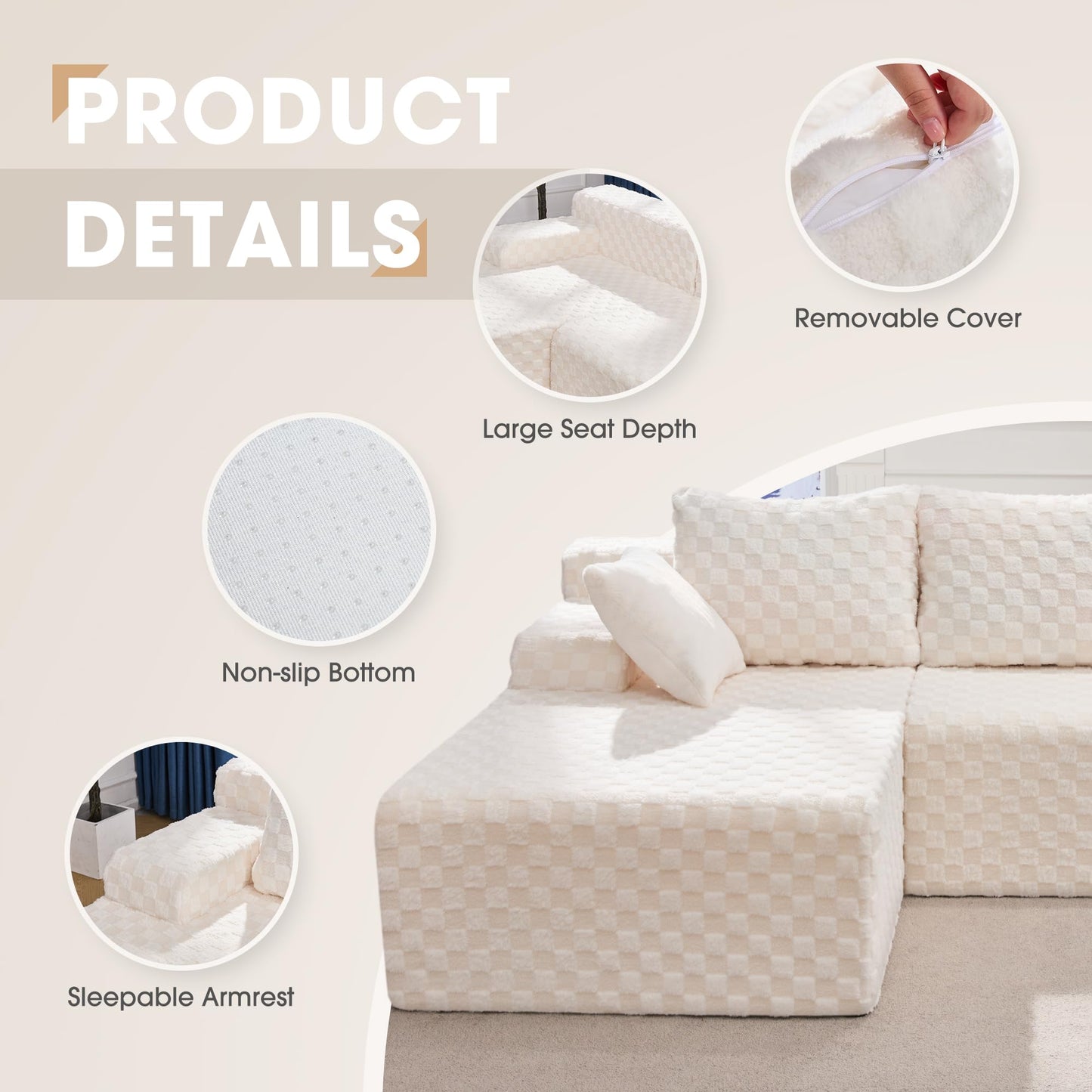 Hobestluk 96” Modular Sectional Sofa Couches L-Shape Couch 3 Seat Modular Sofa Memory Foam Sectional Couches for Living Room, Cloud Couch with Oversized Chaise (Grey, Stripe (Right Facing Chaise))