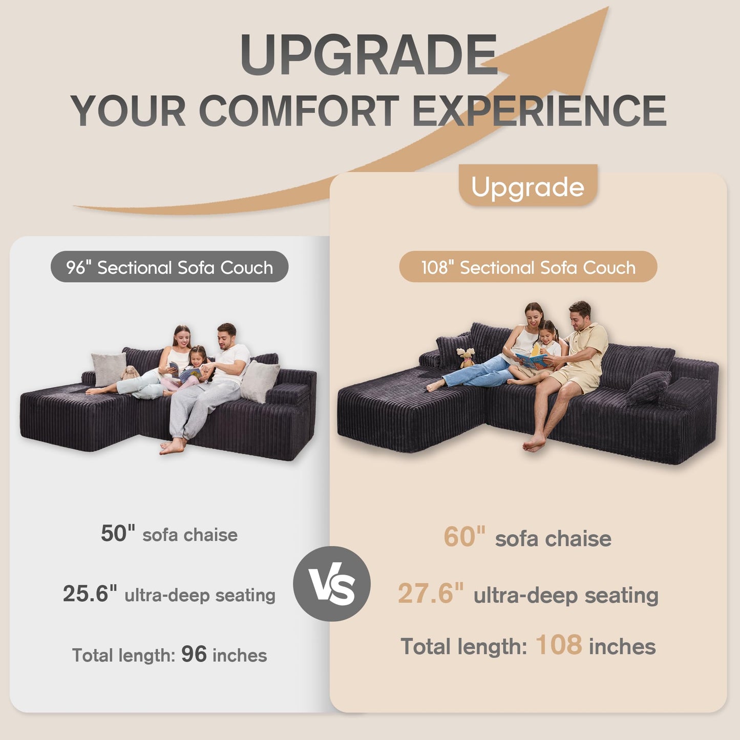 Hobestluk 96” Modular Sectional Sofa Couches L-Shape Couch 3 Seat Modular Sofa Memory Foam Sectional Couches for Living Room, Cloud Couch with Oversized Chaise (Grey, Stripe (Right Facing Chaise))
