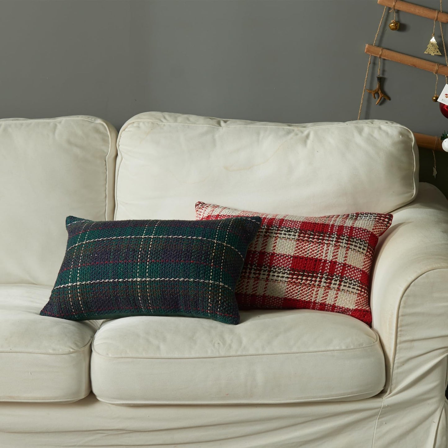 Green Plaid Pillow Covers 20x20 inch Set of 2 Knitting Tartan Pillow Cases Winter Xmas Farmhouse Cushion Covers for Sofa Bed