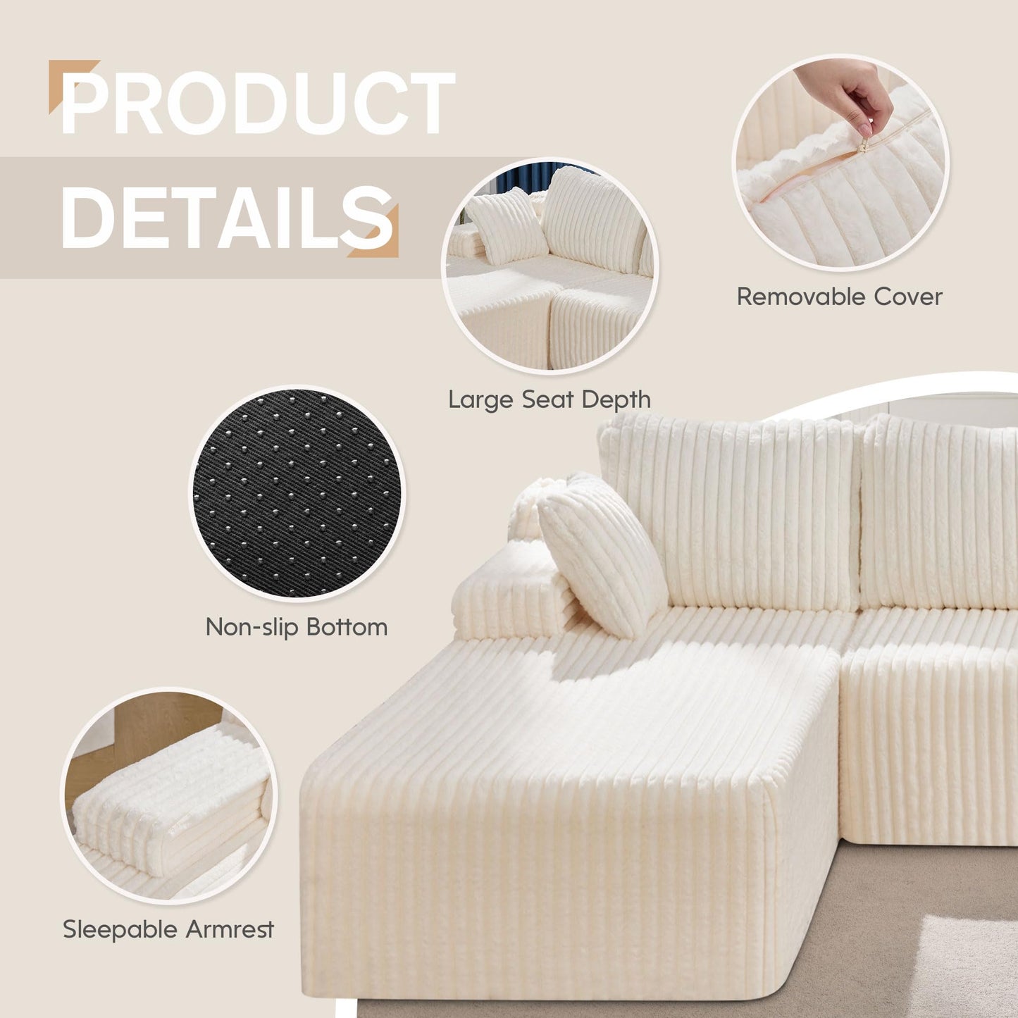 Hobestluk 96” Modular Sectional Sofa Couches L-Shape Couch 3 Seat Modular Sofa Memory Foam Sectional Couches for Living Room, Cloud Couch with Oversized Chaise (Grey, Stripe (Right Facing Chaise))