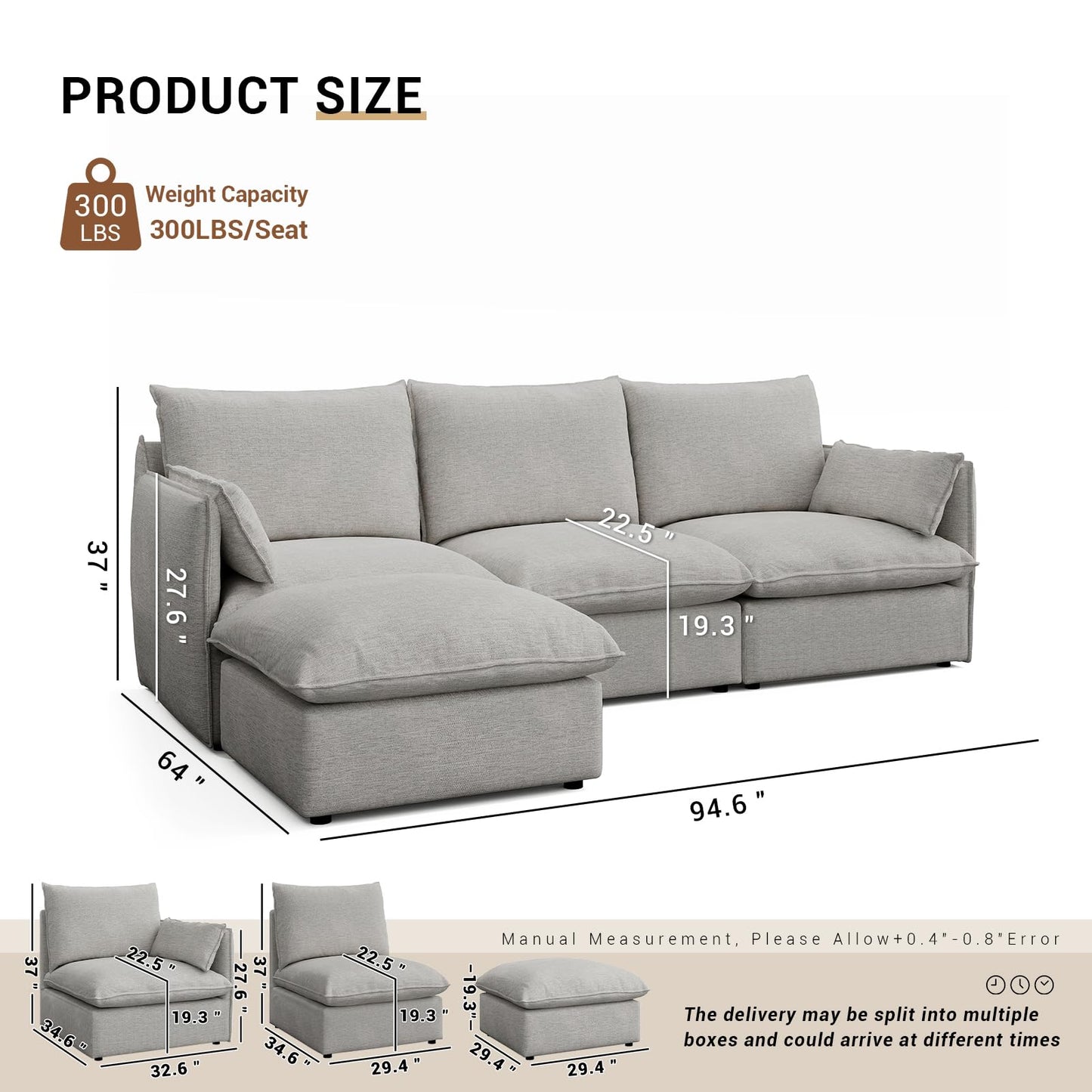 94.6" Small Cloud Couch, Linen Cloud Sectional Couches for Living Room, Convertible Down Filled Modular Sectional Sofa with Deep Seats & High-Back, Removable Washable Sofa Covers, Spill-Proof Fabric