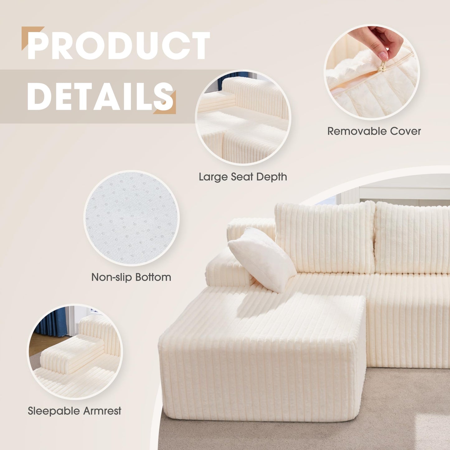 Hobestluk 96” Modular Sectional Sofa Couches L-Shape Couch 3 Seat Modular Sofa Memory Foam Sectional Couches for Living Room, Cloud Couch with Oversized Chaise (Grey, Stripe (Right Facing Chaise))