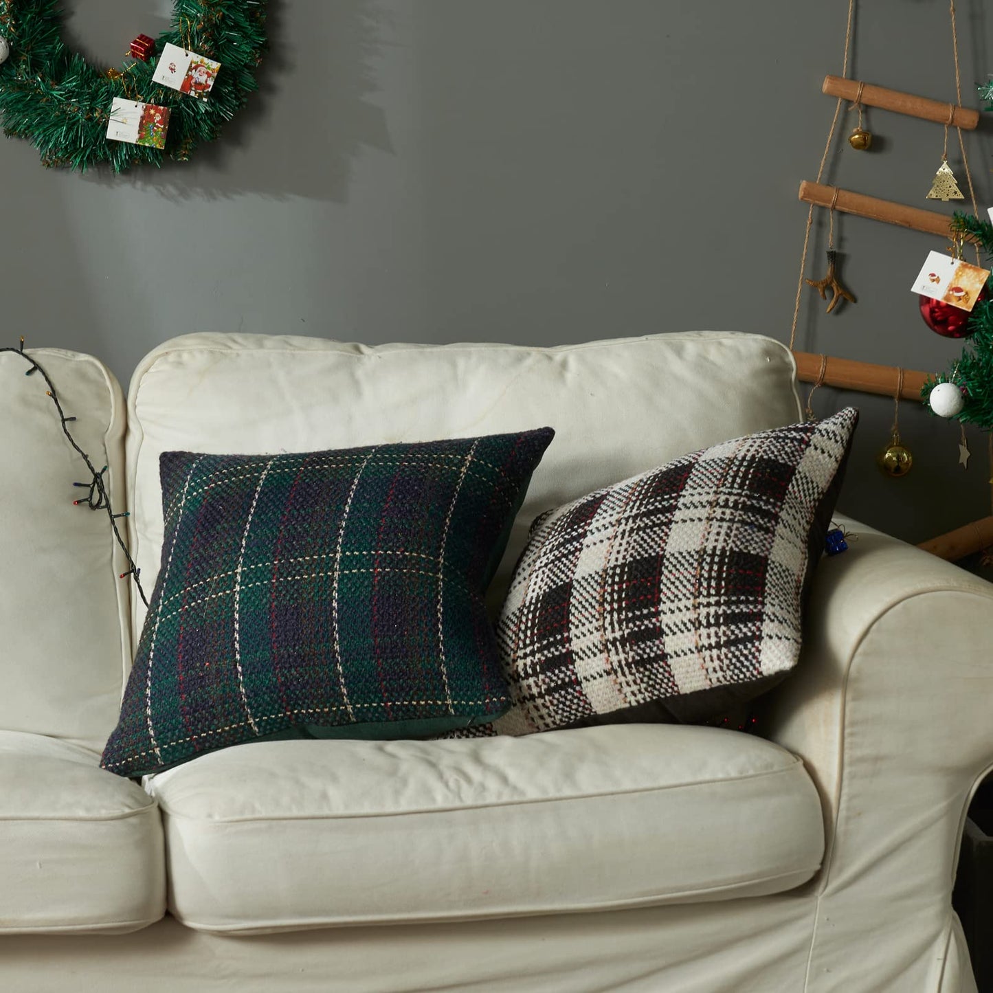 Green Plaid Pillow Covers 20x20 inch Set of 2 Knitting Tartan Pillow Cases Winter Xmas Farmhouse Cushion Covers for Sofa Bed