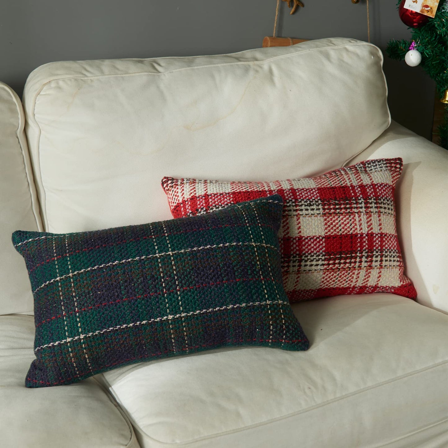 Green Plaid Pillow Covers 20x20 inch Set of 2 Knitting Tartan Pillow Cases Winter Xmas Farmhouse Cushion Covers for Sofa Bed