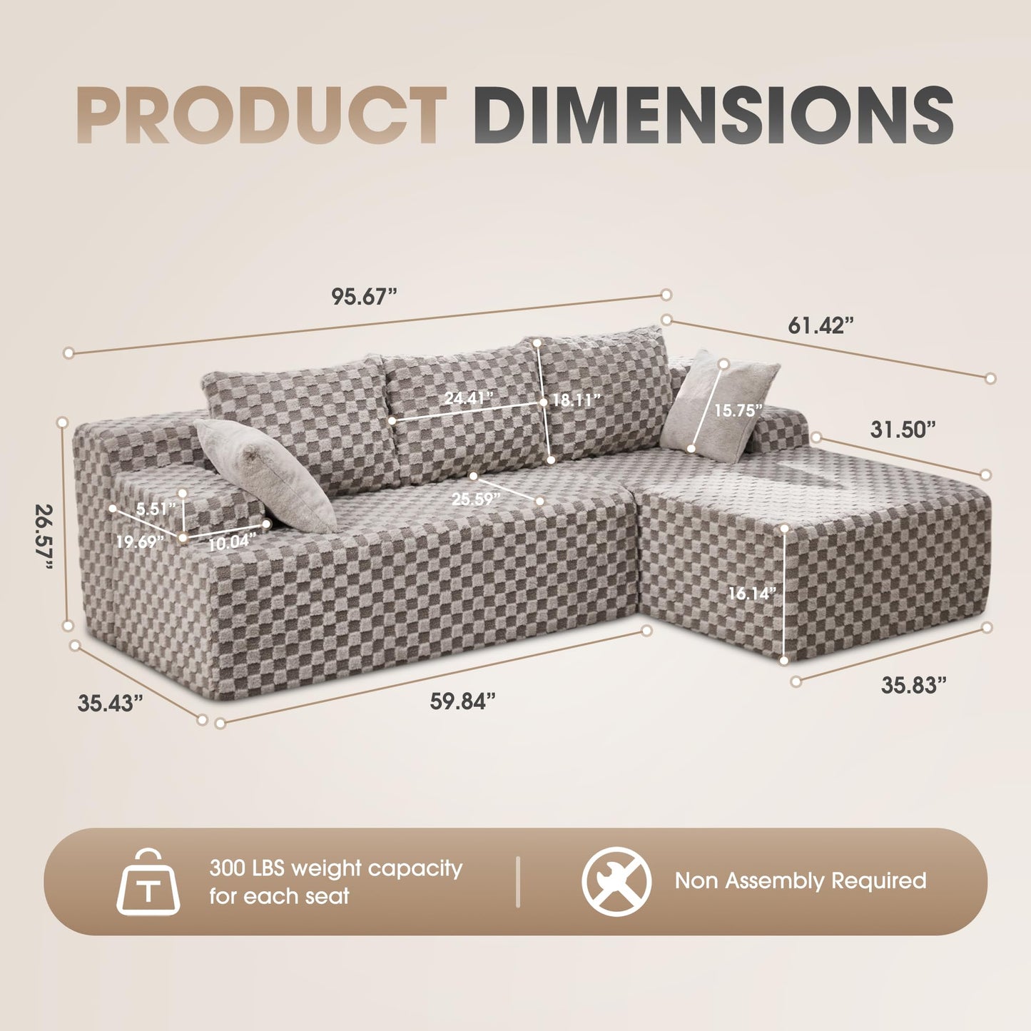 Hobestluk 96” Modular Sectional Sofa Couches L-Shape Couch 3 Seat Modular Sofa Memory Foam Sectional Couches for Living Room, Cloud Couch with Oversized Chaise (Grey, Stripe (Right Facing Chaise))