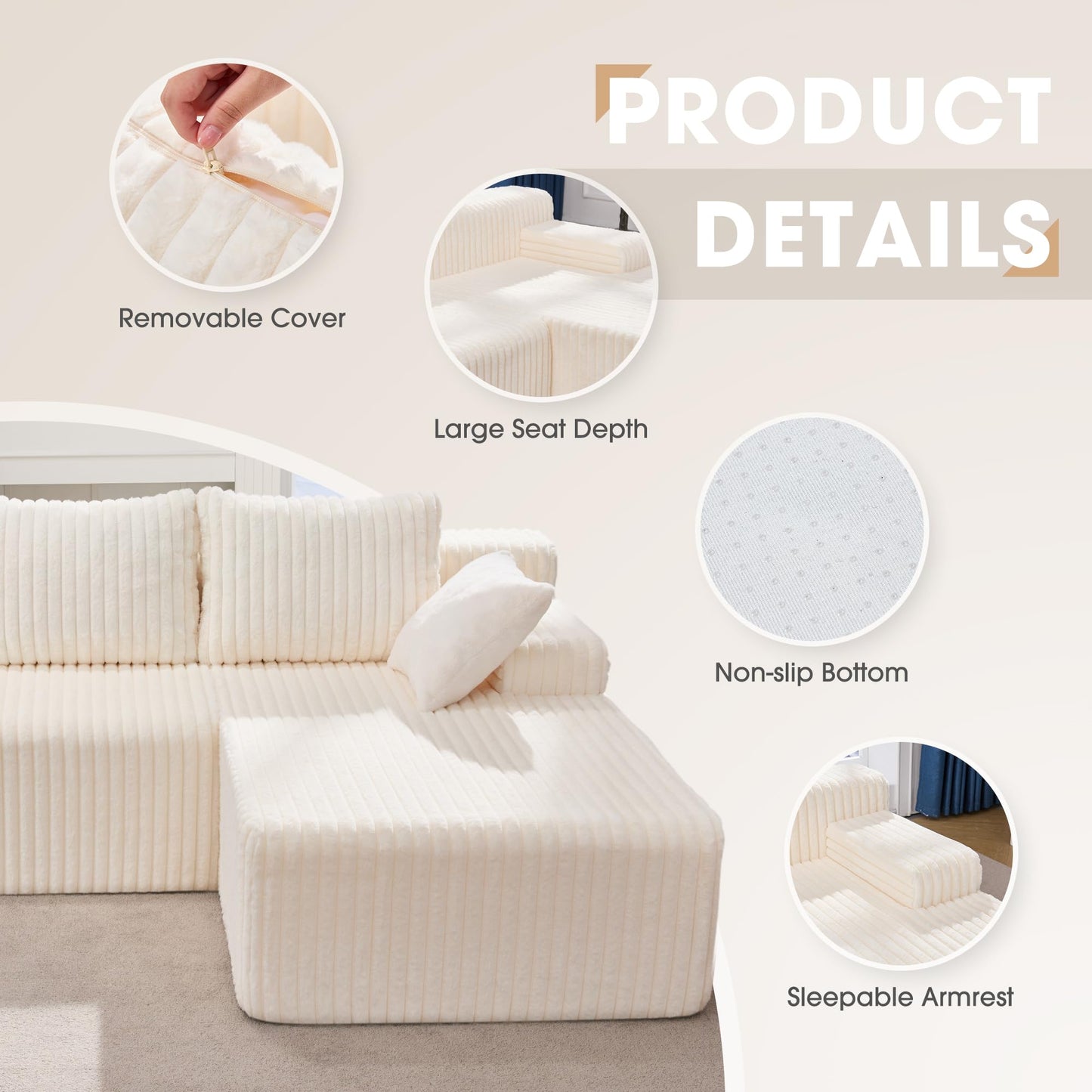 Hobestluk 96” Modular Sectional Sofa Couches L-Shape Couch 3 Seat Modular Sofa Memory Foam Sectional Couches for Living Room, Cloud Couch with Oversized Chaise (Grey, Stripe (Right Facing Chaise))