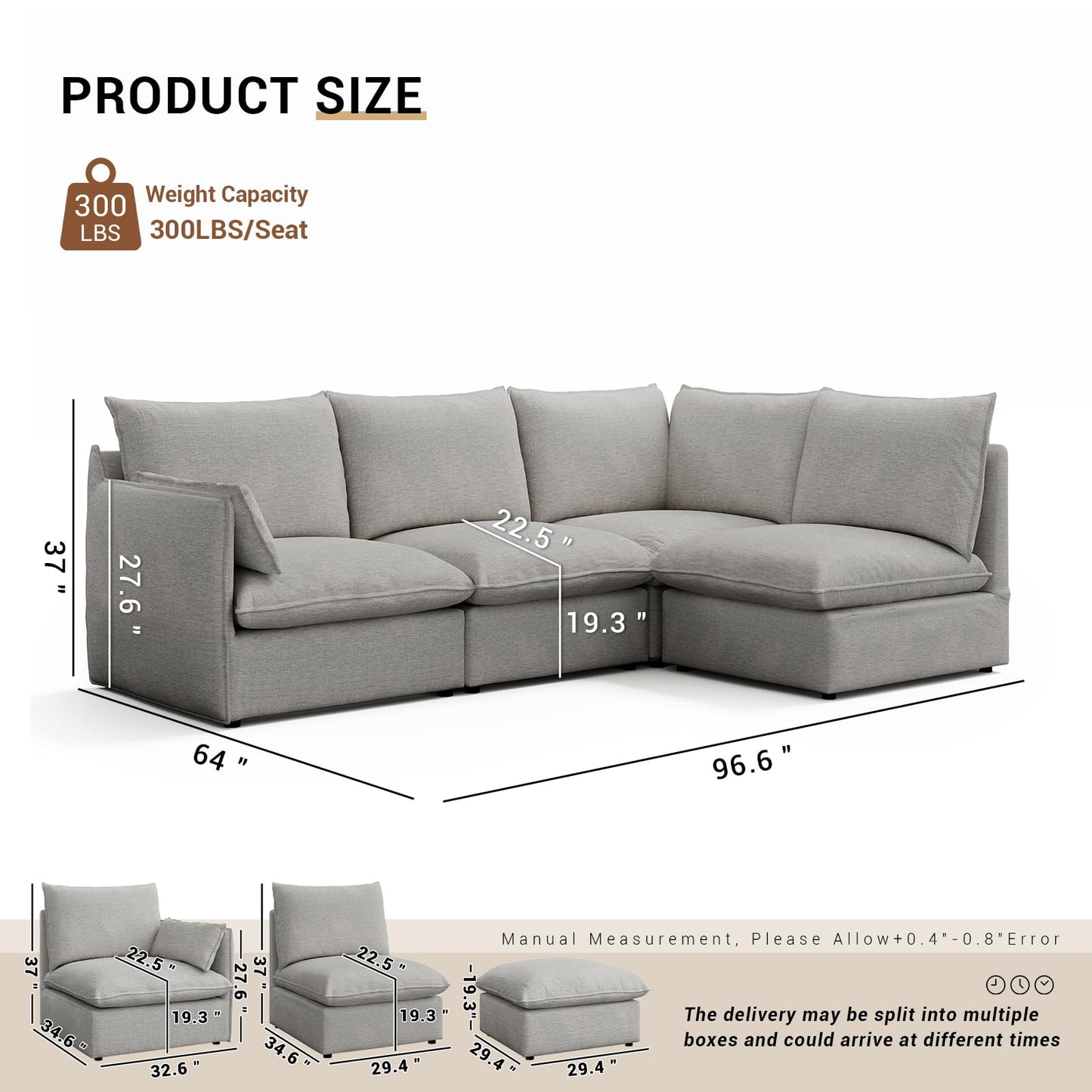 94.6" Small Cloud Couch, Linen Cloud Sectional Couches for Living Room, Convertible Down Filled Modular Sectional Sofa with Deep Seats & High-Back, Removable Washable Sofa Covers, Spill-Proof Fabric