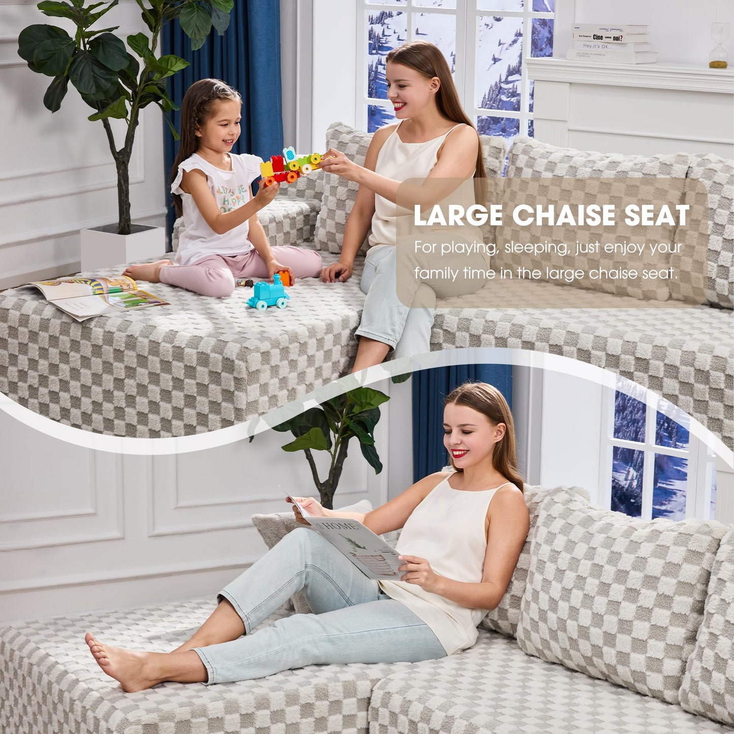 Hobestluk 96” Modular Sectional Sofa Couches L-Shape Couch 3 Seat Modular Sofa Memory Foam Sectional Couches for Living Room, Cloud Couch with Oversized Chaise (Grey, Stripe (Right Facing Chaise))