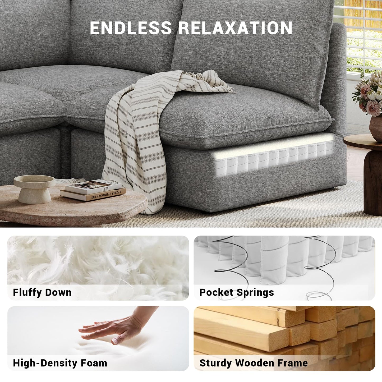 94.6" Small Cloud Couch, Linen Cloud Sectional Couches for Living Room, Convertible Down Filled Modular Sectional Sofa with Deep Seats & High-Back, Removable Washable Sofa Covers, Spill-Proof Fabric