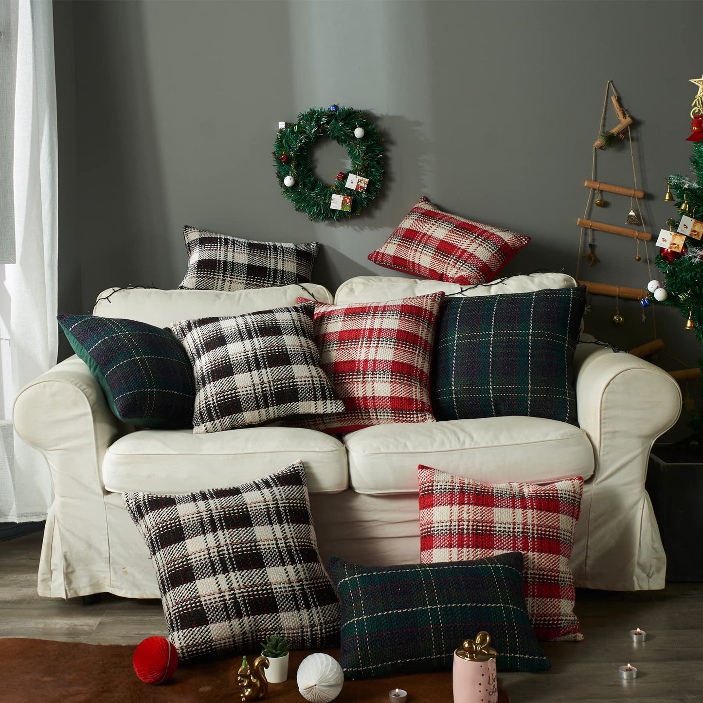 Green Plaid Pillow Covers 20x20 inch Set of 2 Knitting Tartan Pillow Cases Winter Xmas Farmhouse Cushion Covers for Sofa Bed