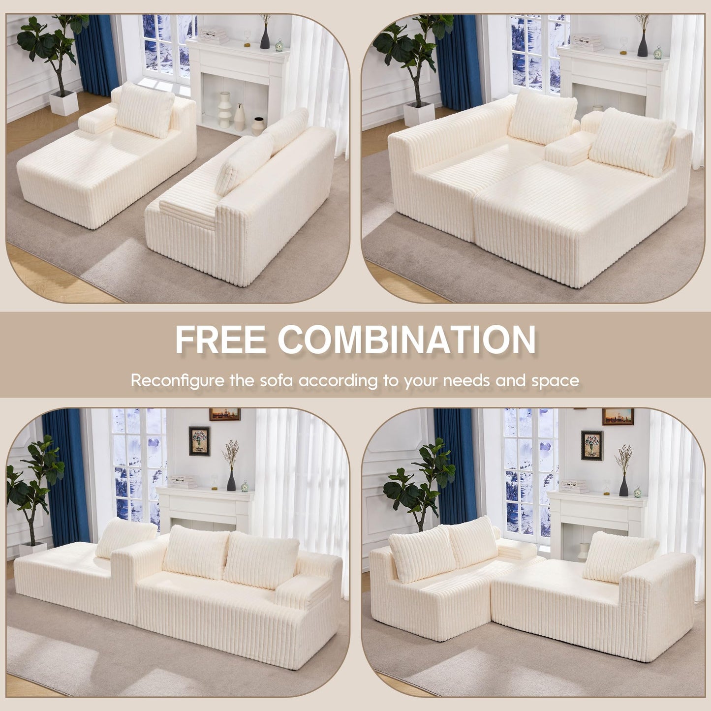 Hobestluk 96” Modular Sectional Sofa Couches L-Shape Couch 3 Seat Modular Sofa Memory Foam Sectional Couches for Living Room, Cloud Couch with Oversized Chaise (Grey, Stripe (Right Facing Chaise))