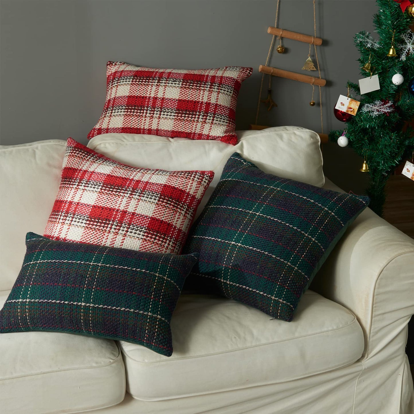 Green Plaid Pillow Covers 20x20 inch Set of 2 Knitting Tartan Pillow Cases Winter Xmas Farmhouse Cushion Covers for Sofa Bed