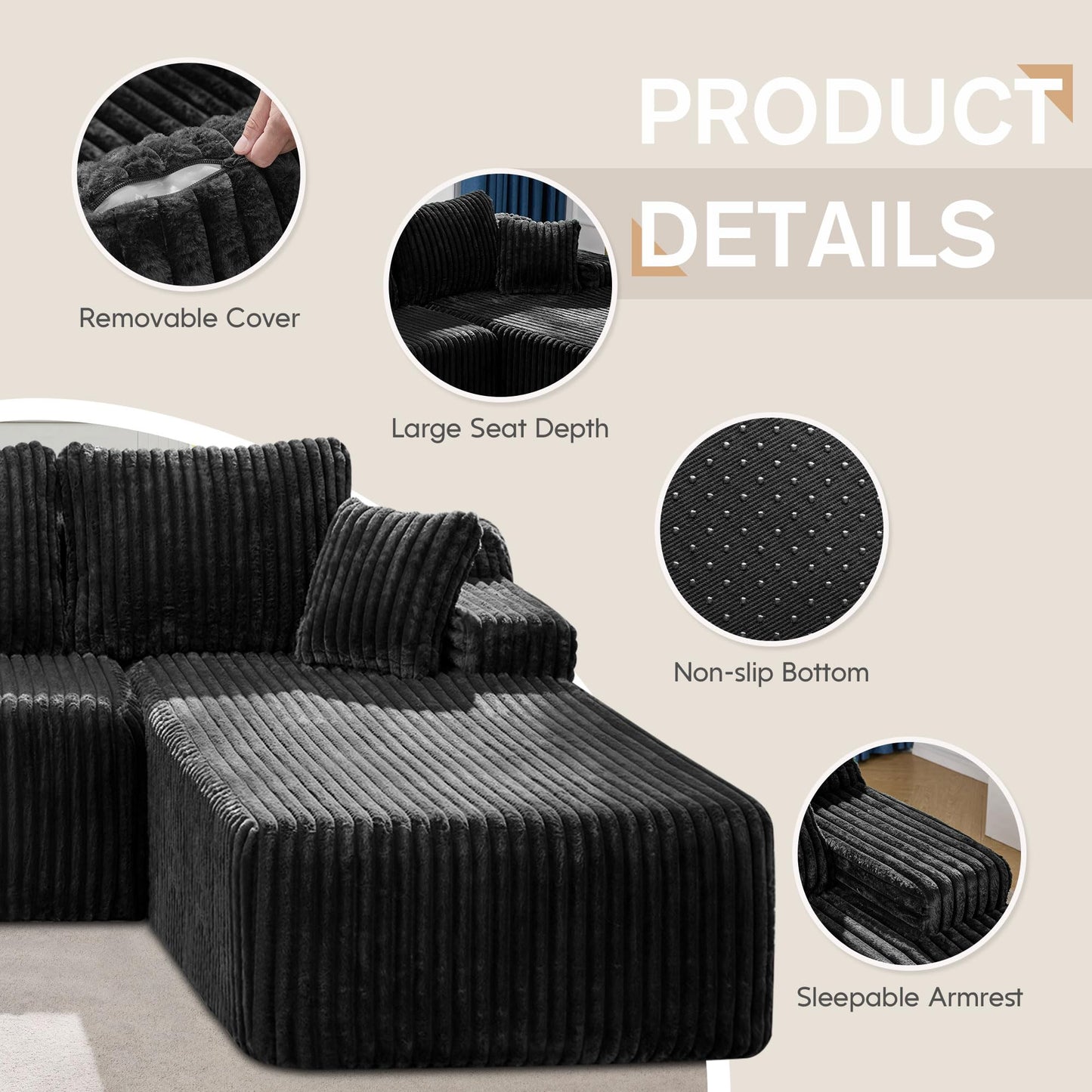 Hobestluk 96” Modular Sectional Sofa Couches L-Shape Couch 3 Seat Modular Sofa Memory Foam Sectional Couches for Living Room, Cloud Couch with Oversized Chaise (Grey, Stripe (Right Facing Chaise))