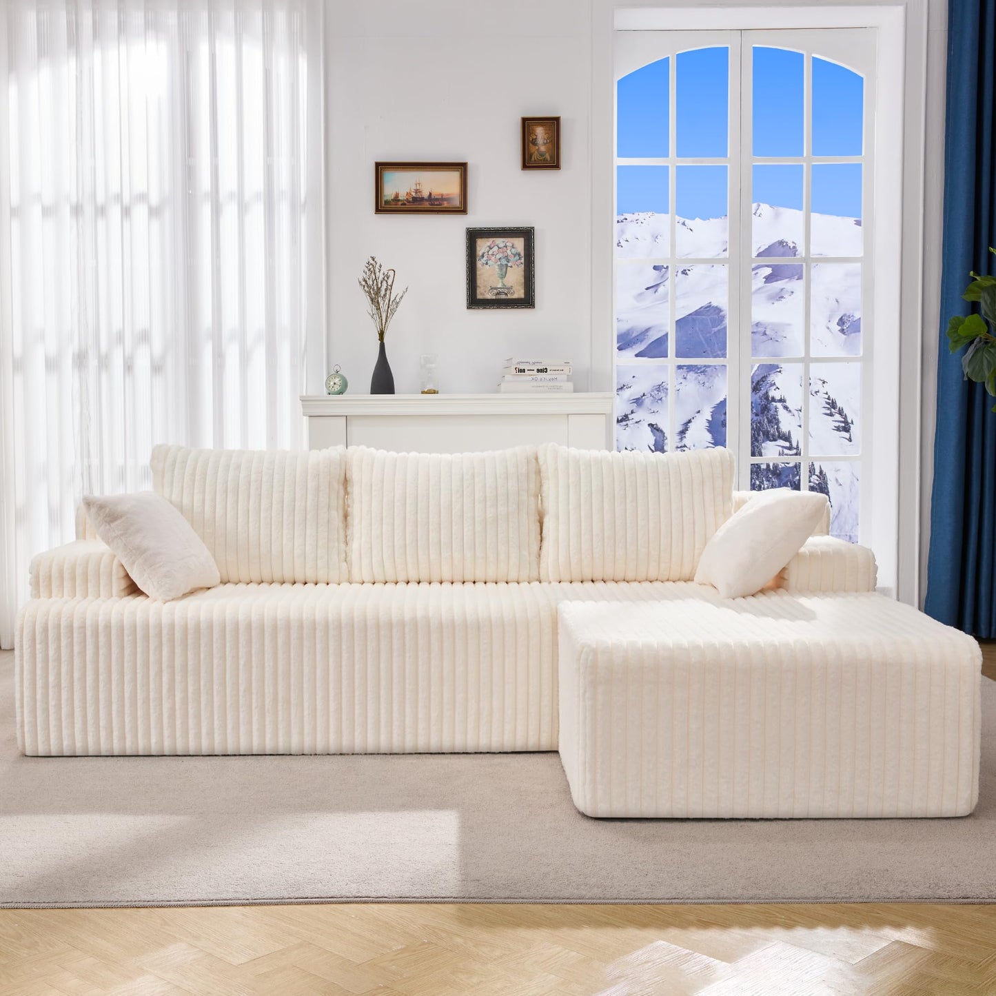 Hobestluk 96” Modular Sectional Sofa Couches L-Shape Couch 3 Seat Modular Sofa Memory Foam Sectional Couches for Living Room, Cloud Couch with Oversized Chaise (Grey, Stripe (Right Facing Chaise))