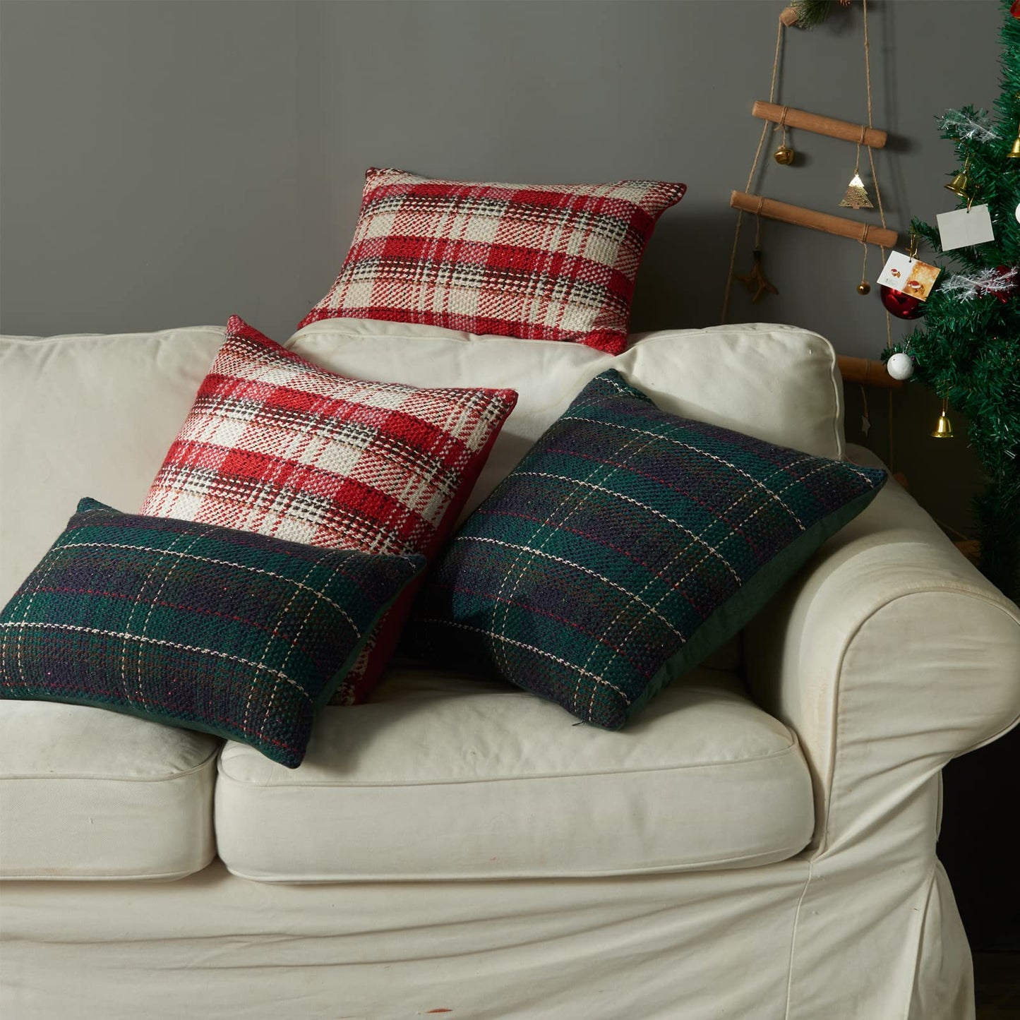 Green Plaid Pillow Covers 20x20 inch Set of 2 Knitting Tartan Pillow Cases Winter Xmas Farmhouse Cushion Covers for Sofa Bed