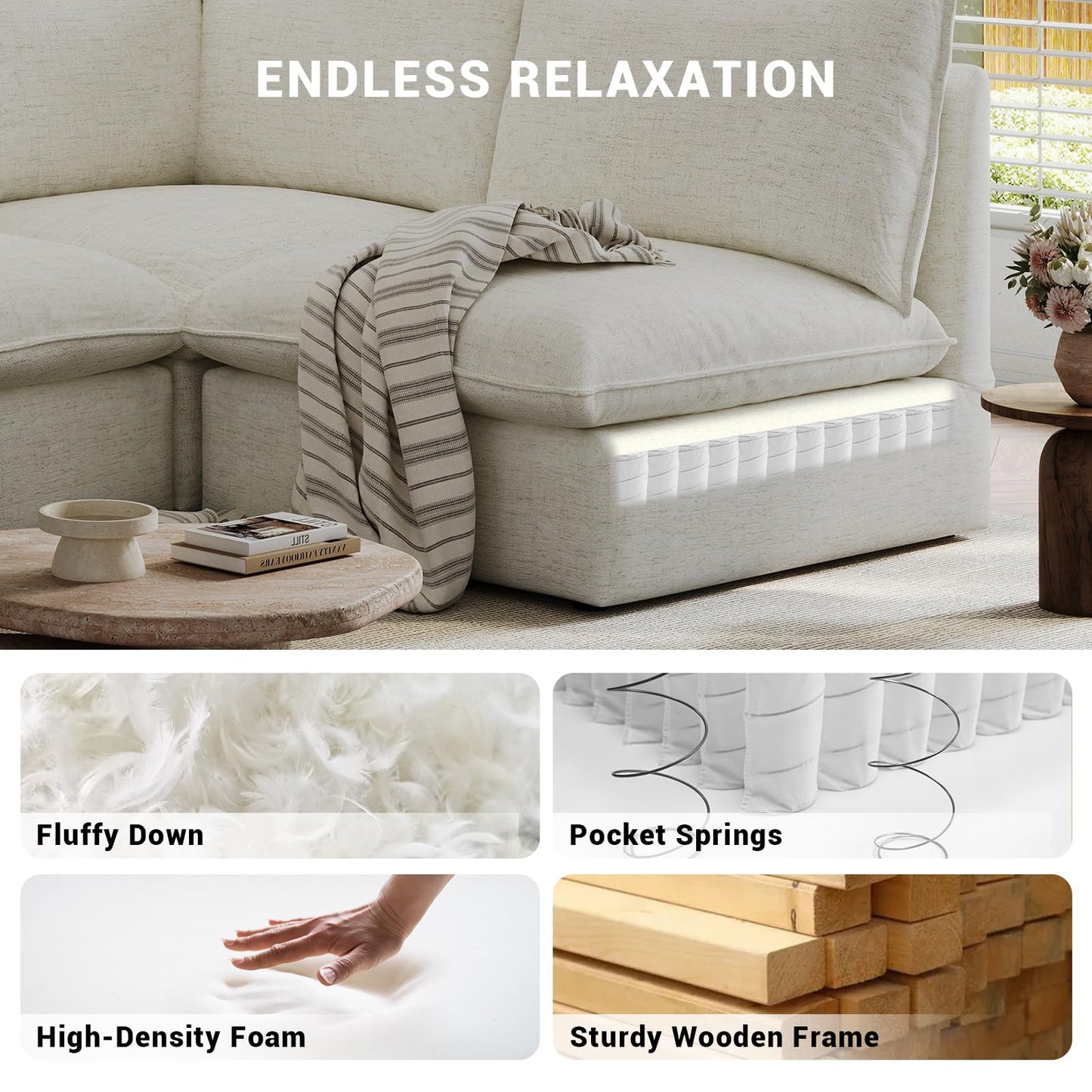 94.6" Small Cloud Couch, Linen Cloud Sectional Couches for Living Room, Convertible Down Filled Modular Sectional Sofa with Deep Seats & High-Back, Removable Washable Sofa Covers, Spill-Proof Fabric