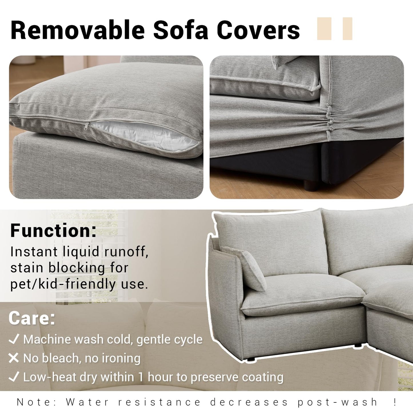 94.6" Small Cloud Couch, Linen Cloud Sectional Couches for Living Room, Convertible Down Filled Modular Sectional Sofa with Deep Seats & High-Back, Removable Washable Sofa Covers, Spill-Proof Fabric