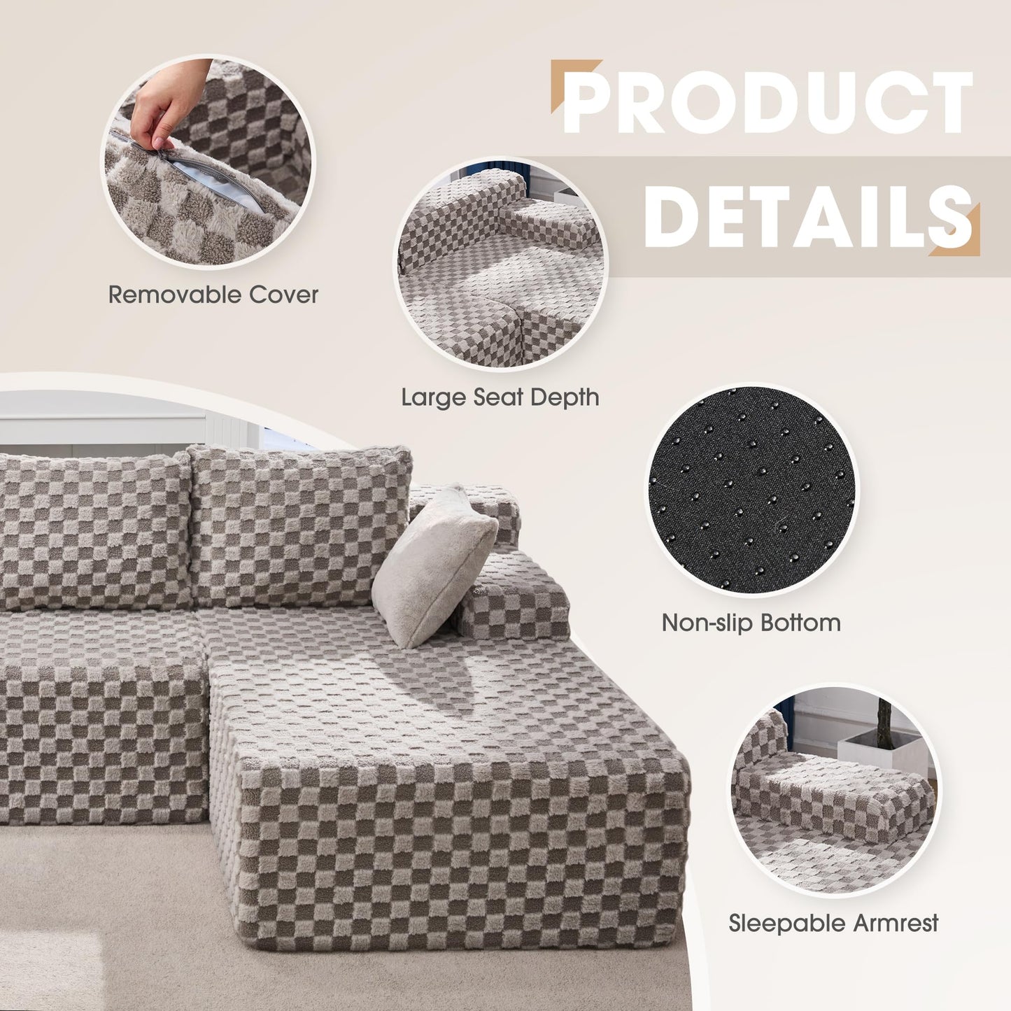 Hobestluk 96” Modular Sectional Sofa Couches L-Shape Couch 3 Seat Modular Sofa Memory Foam Sectional Couches for Living Room, Cloud Couch with Oversized Chaise (Grey, Stripe (Right Facing Chaise))