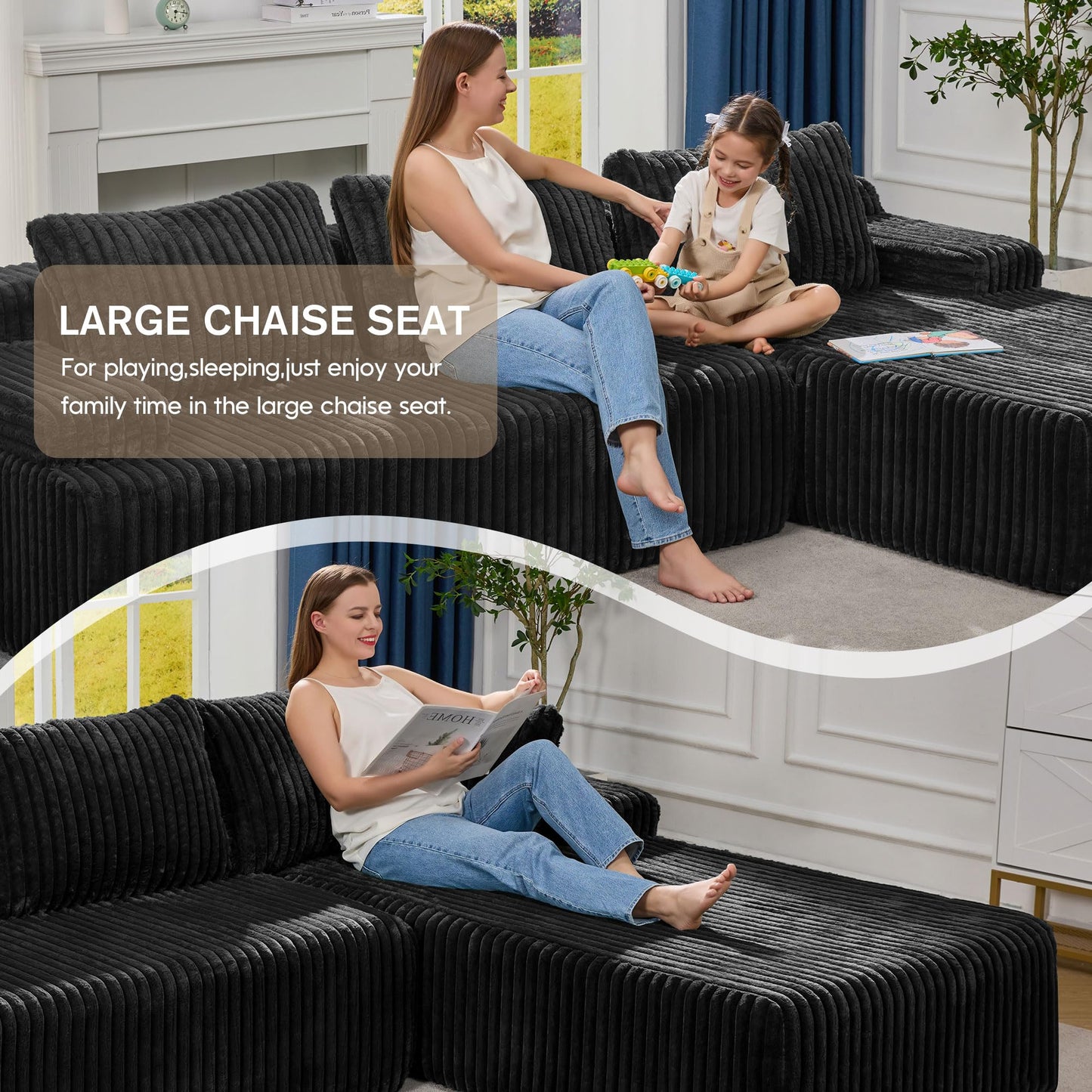 Hobestluk 96” Modular Sectional Sofa Couches L-Shape Couch 3 Seat Modular Sofa Memory Foam Sectional Couches for Living Room, Cloud Couch with Oversized Chaise (Grey, Stripe (Right Facing Chaise))