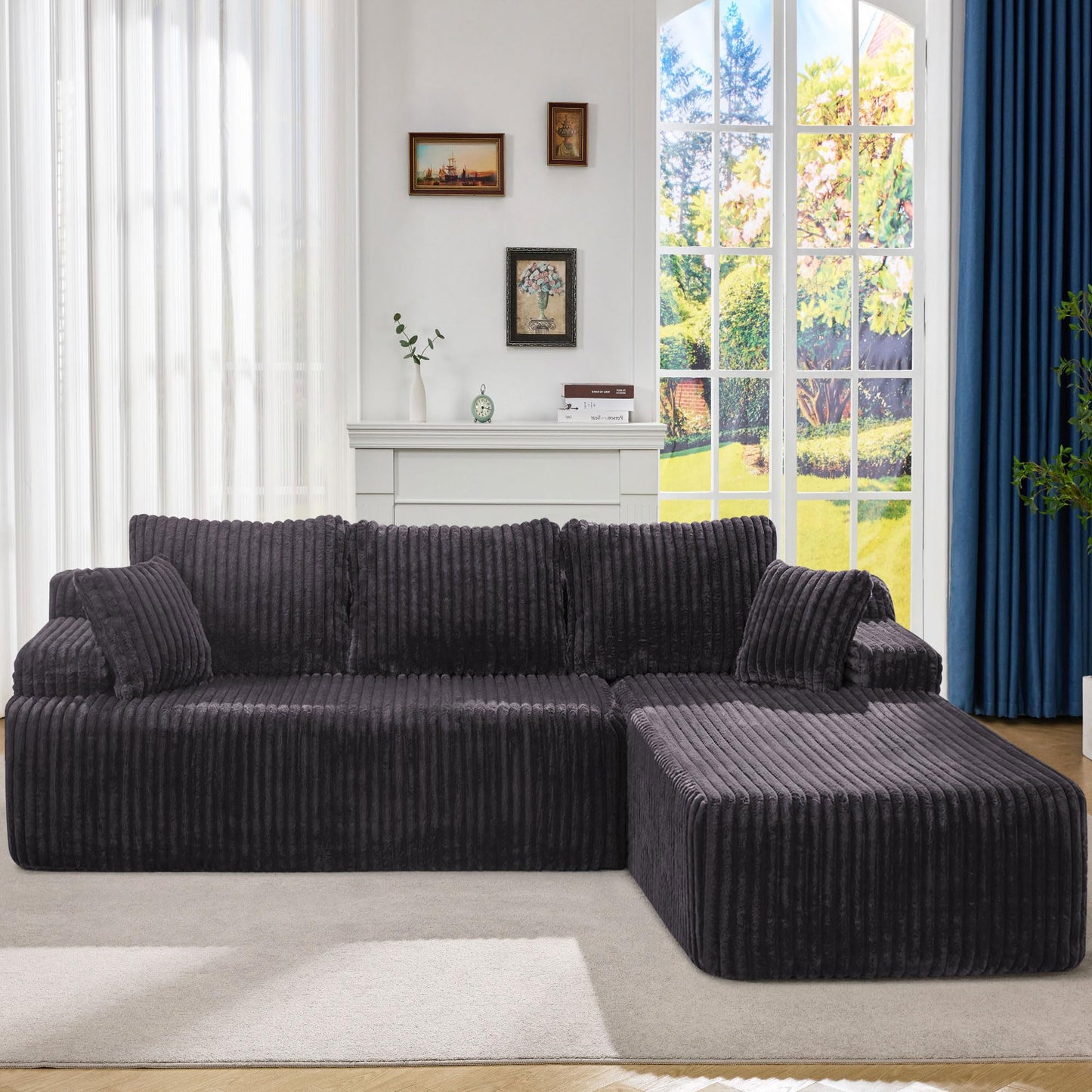 Hobestluk 96” Modular Sectional Sofa Couches L-Shape Couch 3 Seat Modular Sofa Memory Foam Sectional Couches for Living Room, Cloud Couch with Oversized Chaise (Grey, Stripe (Right Facing Chaise))