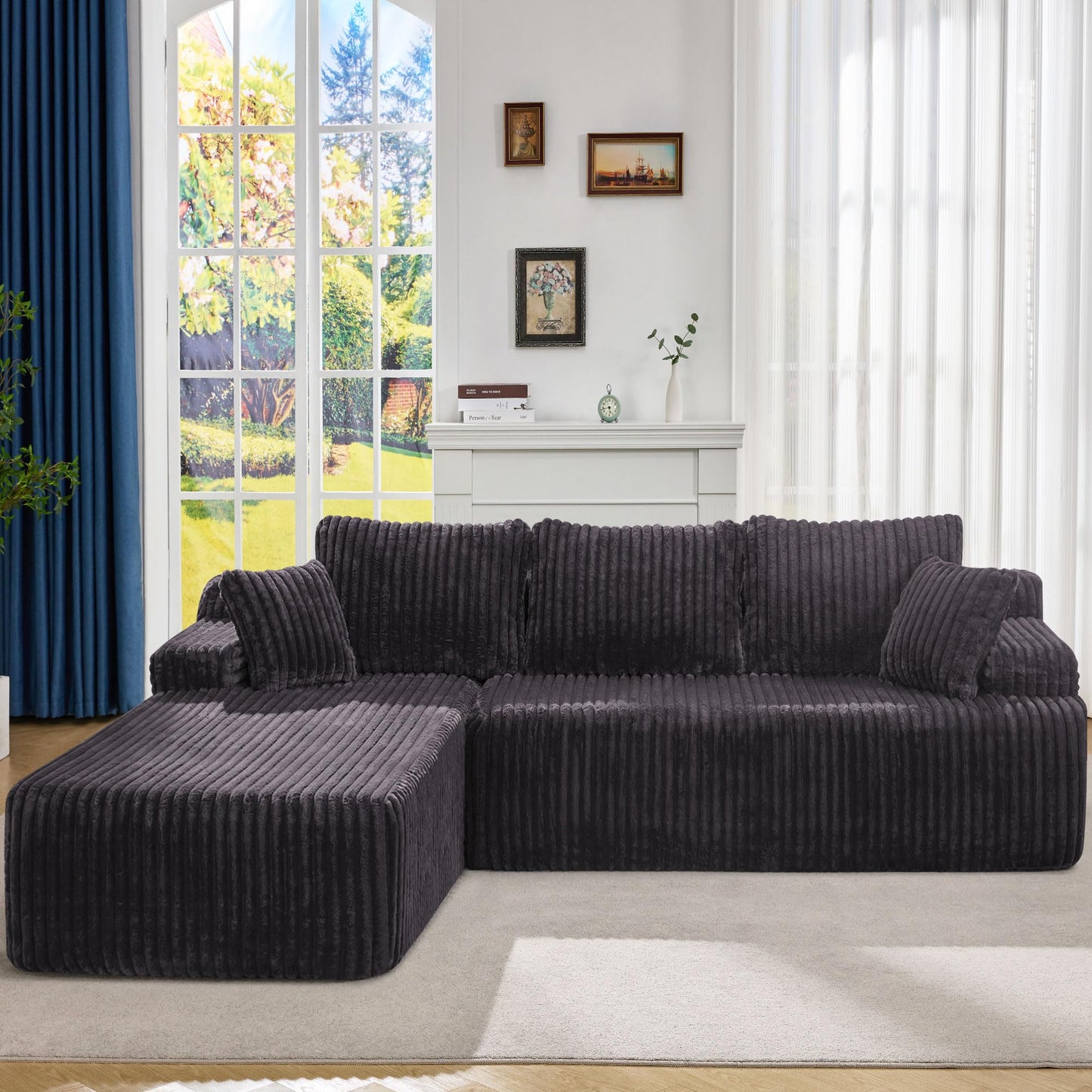 Hobestluk 96” Modular Sectional Sofa Couches L-Shape Couch 3 Seat Modular Sofa Memory Foam Sectional Couches for Living Room, Cloud Couch with Oversized Chaise (Grey, Stripe (Right Facing Chaise))
