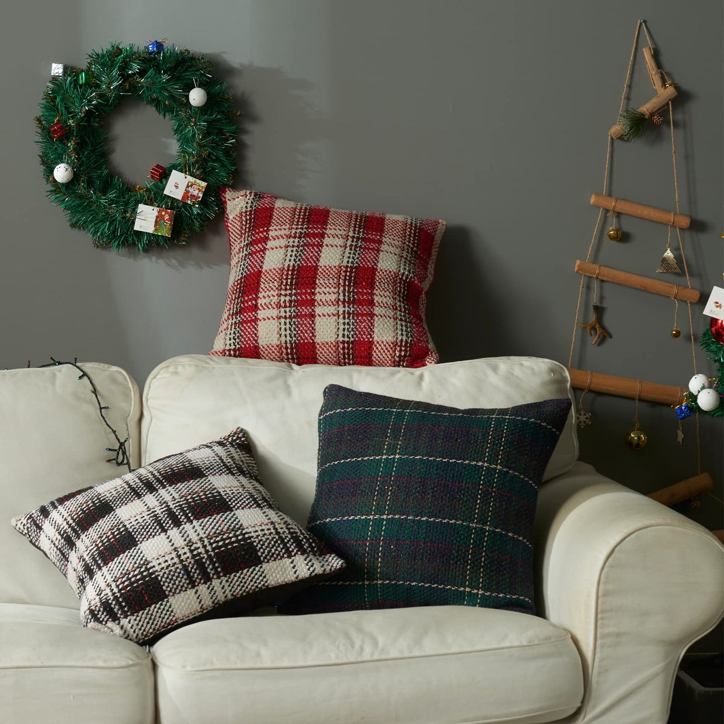 Green Plaid Pillow Covers 20x20 inch Set of 2 Knitting Tartan Pillow Cases Winter Xmas Farmhouse Cushion Covers for Sofa Bed