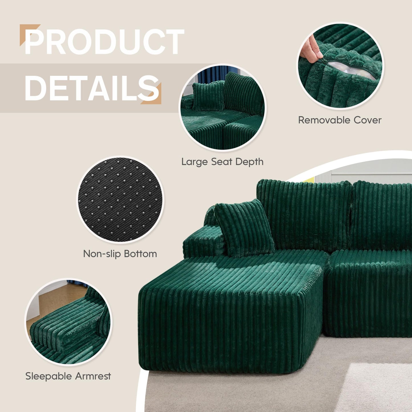 Hobestluk 96” Modular Sectional Sofa Couches L-Shape Couch 3 Seat Modular Sofa Memory Foam Sectional Couches for Living Room, Cloud Couch with Oversized Chaise (Grey, Stripe (Right Facing Chaise))