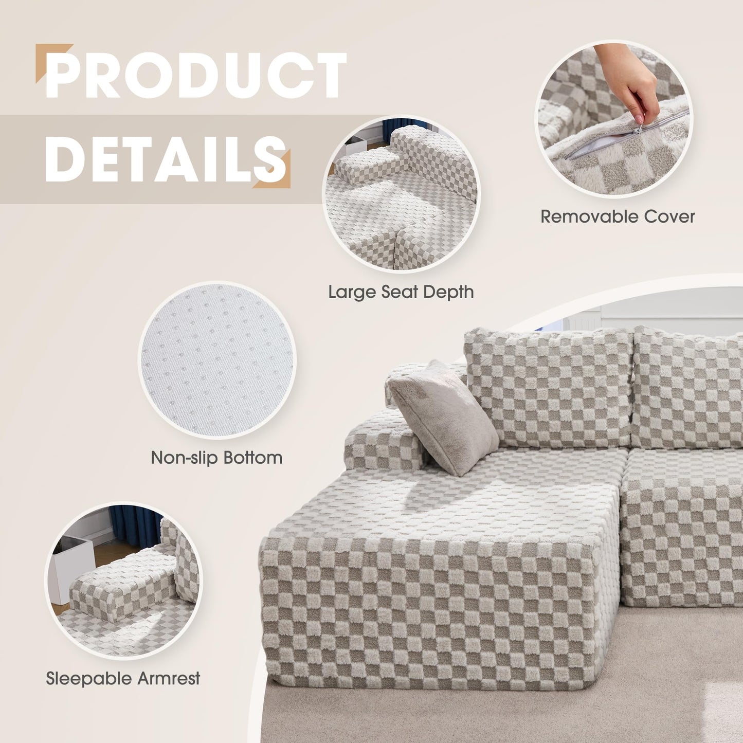 Hobestluk 96” Modular Sectional Sofa Couches L-Shape Couch 3 Seat Modular Sofa Memory Foam Sectional Couches for Living Room, Cloud Couch with Oversized Chaise (Grey, Stripe (Right Facing Chaise))