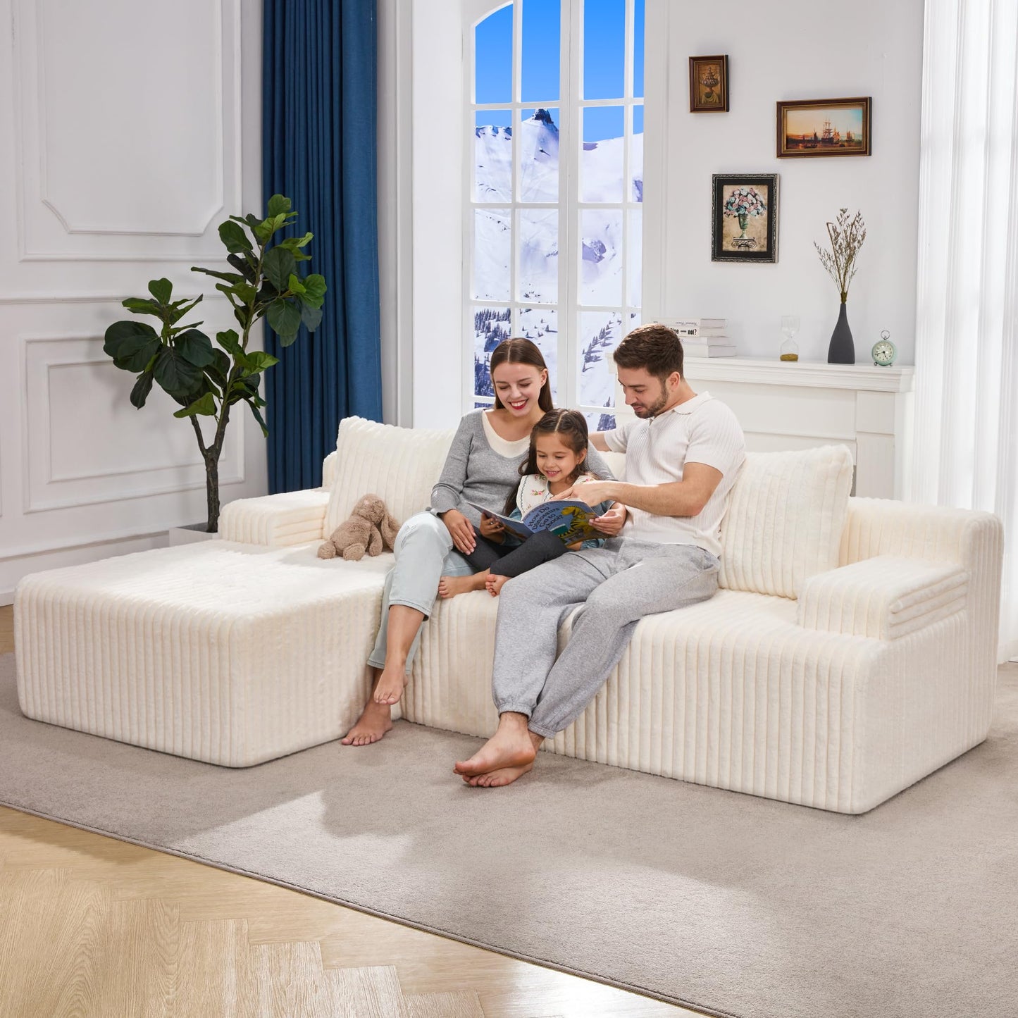 Hobestluk 96” Modular Sectional Sofa Couches L-Shape Couch 3 Seat Modular Sofa Memory Foam Sectional Couches for Living Room, Cloud Couch with Oversized Chaise (Grey, Stripe (Right Facing Chaise))